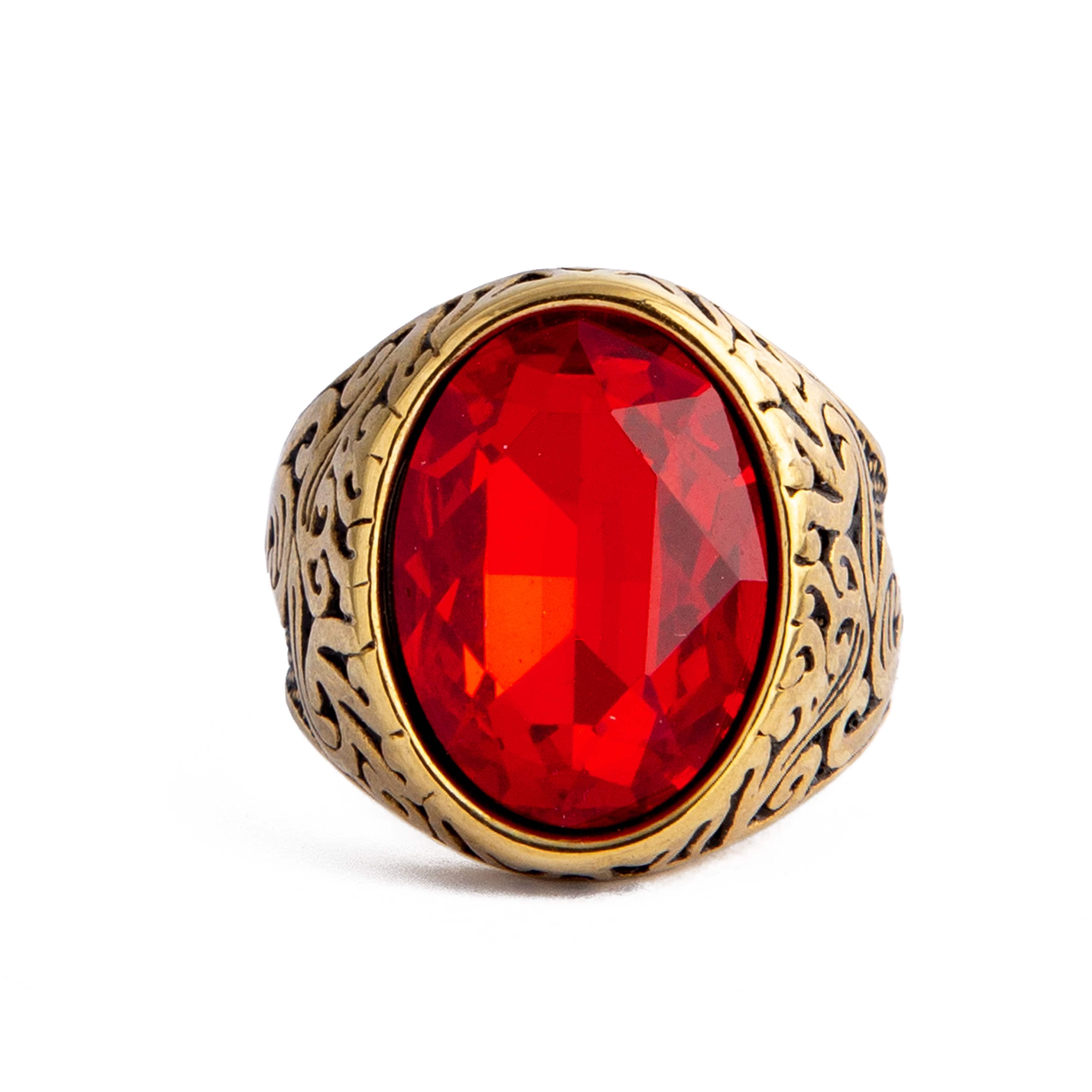 Red Gemstone Gold-Toned Statement Ring, men's ring with ornate design.