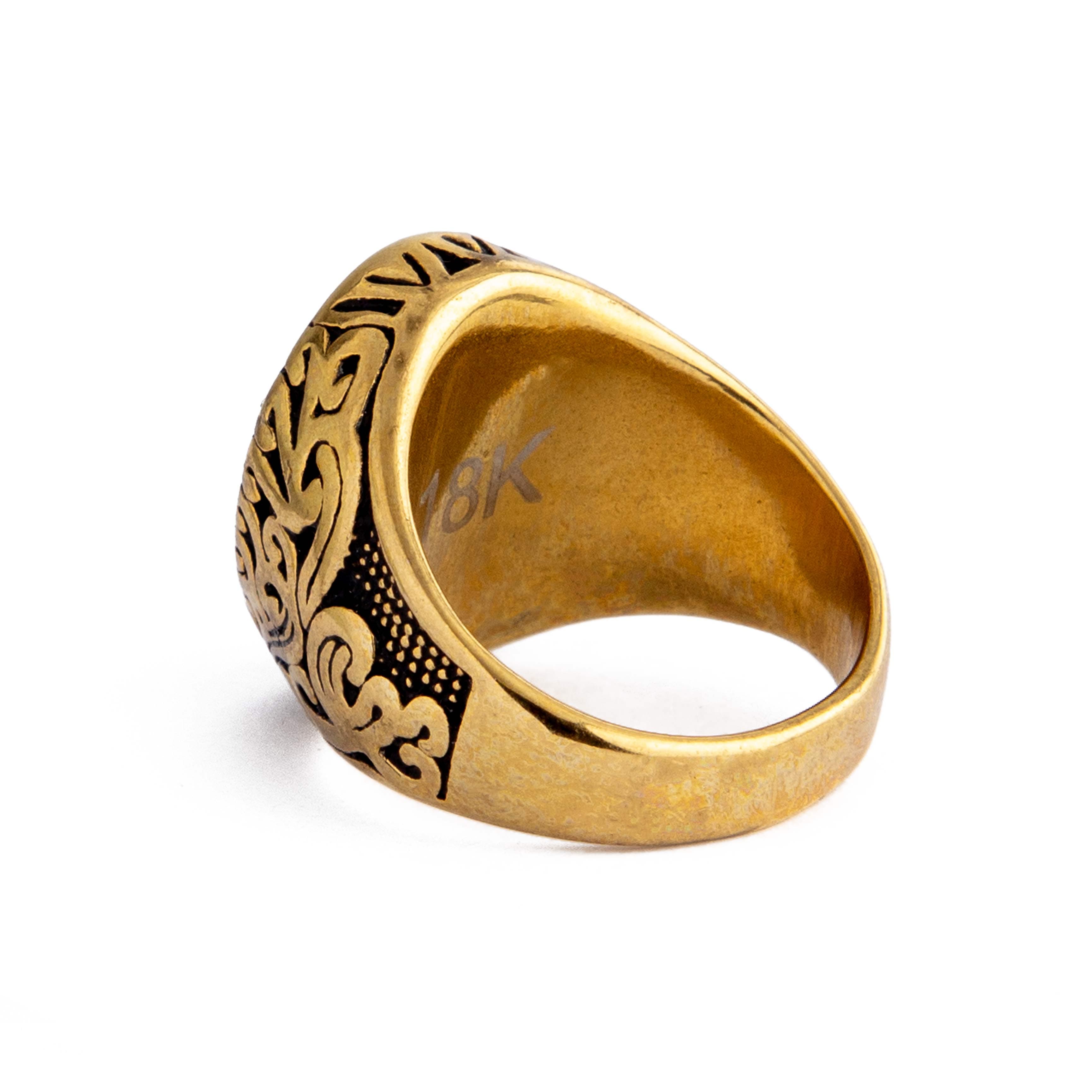 Red Gemstone Gold-Toned Statement Ring, men's ring with ornate design.