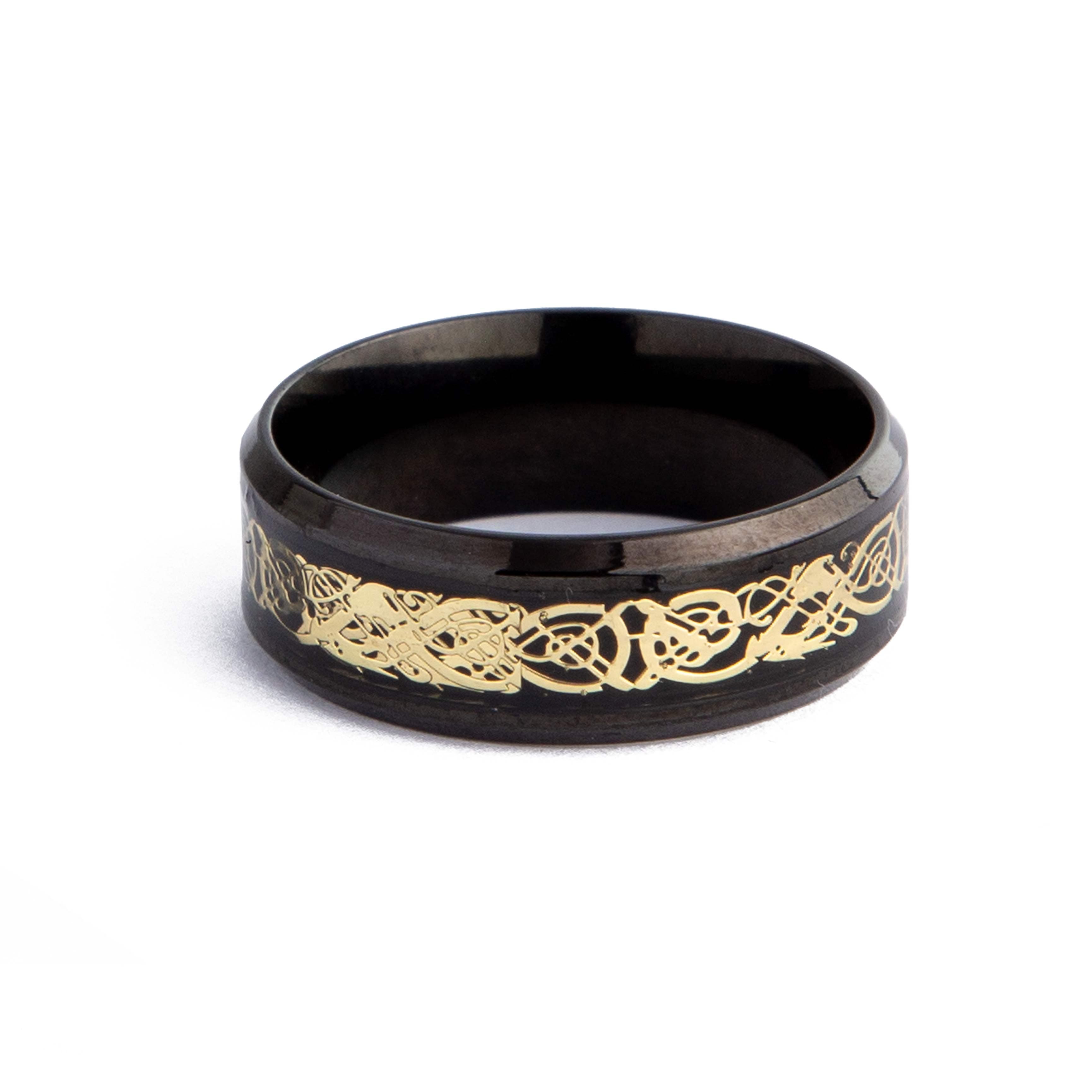 Black and Gold Celtic Dragon Tungsten Carbide Ring, men's band with intricate design.