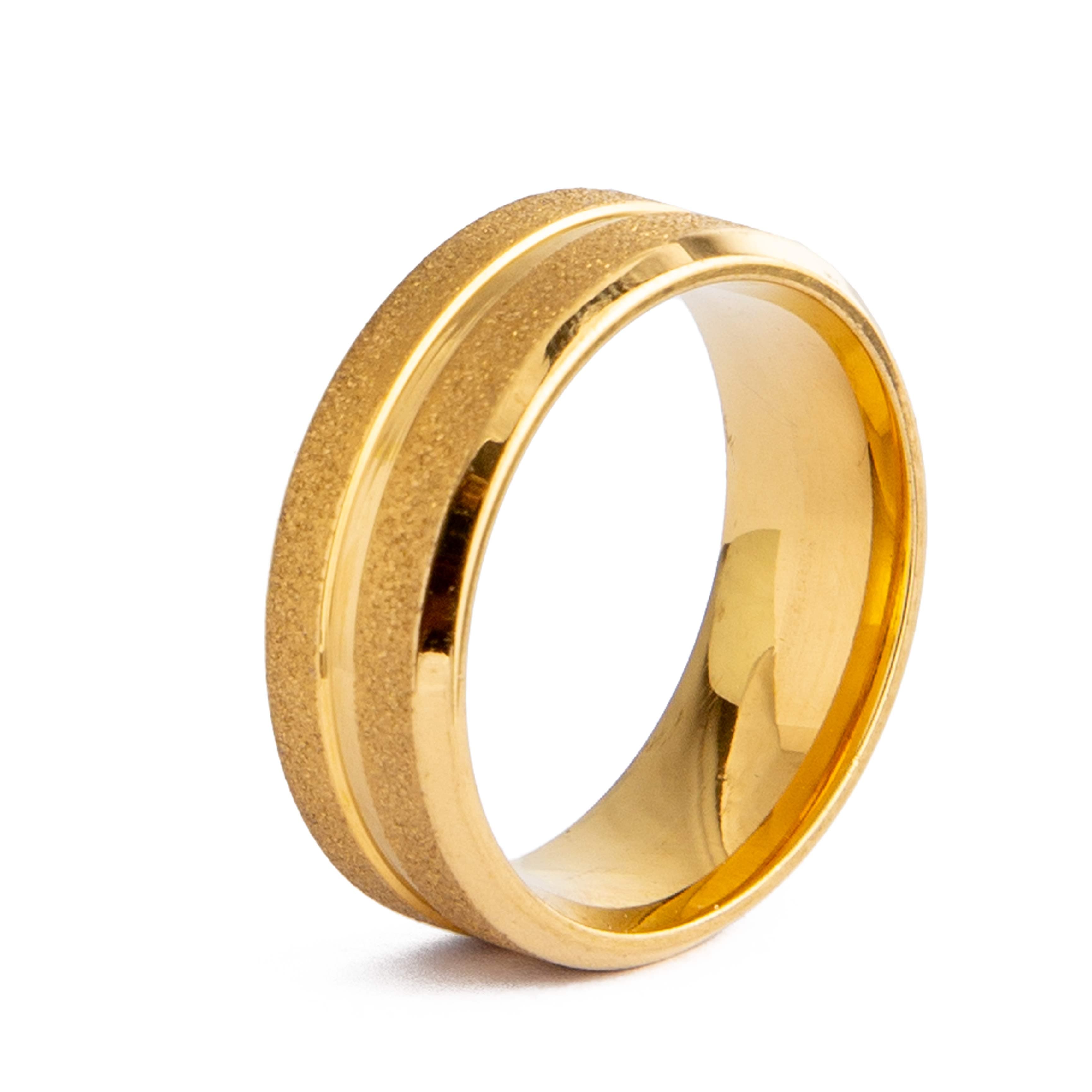 Textured Gold Tungsten Carbide Wedding Ring, polished gold finish, unisex design.