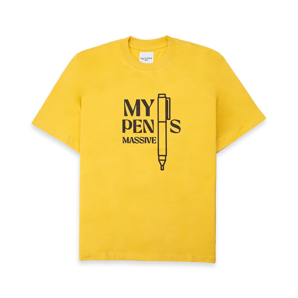 Yellow t-shirt with "My Pen Is Massive" graphic. Funny text tee.