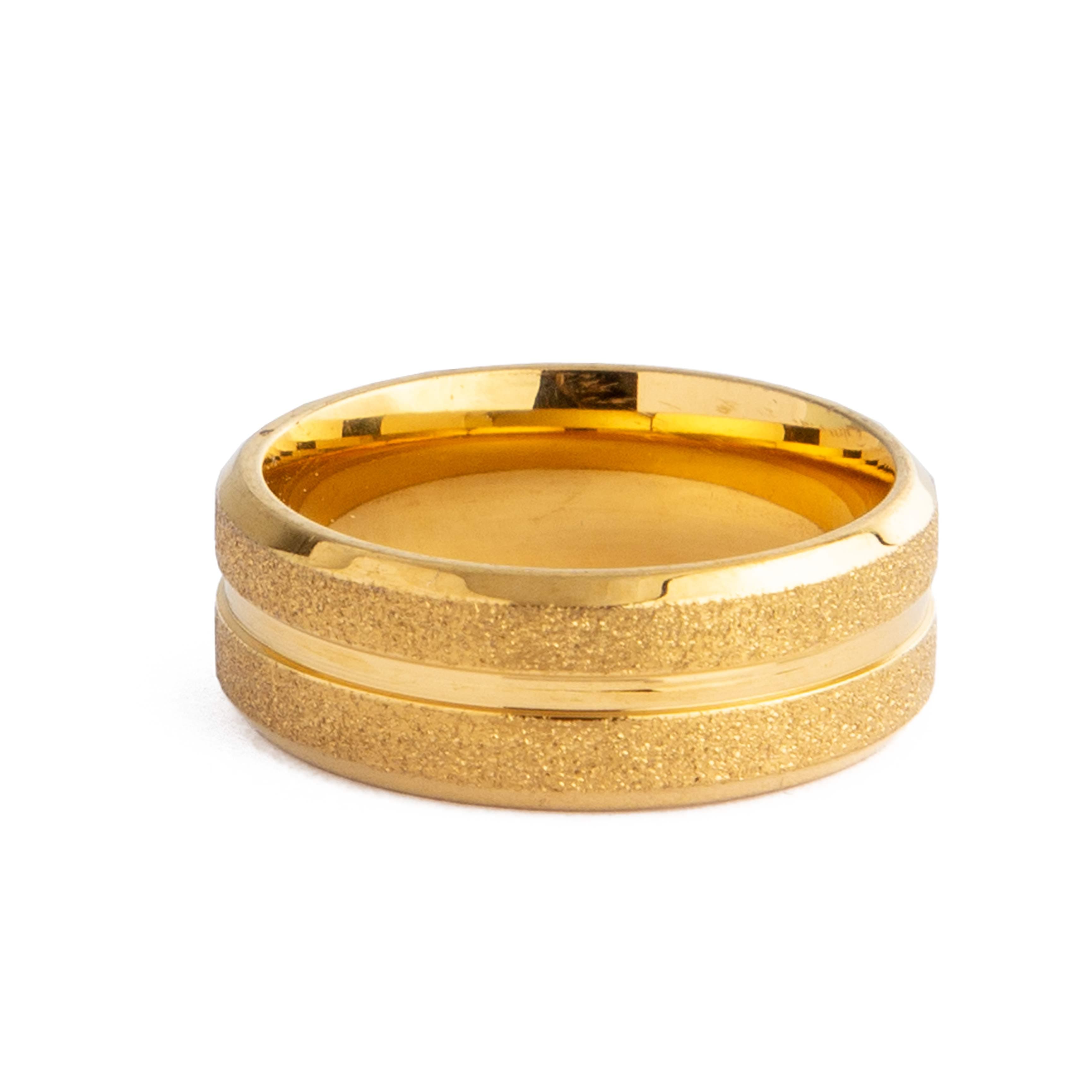 Textured Gold Tungsten Carbide Wedding Ring, polished gold finish, unisex design.