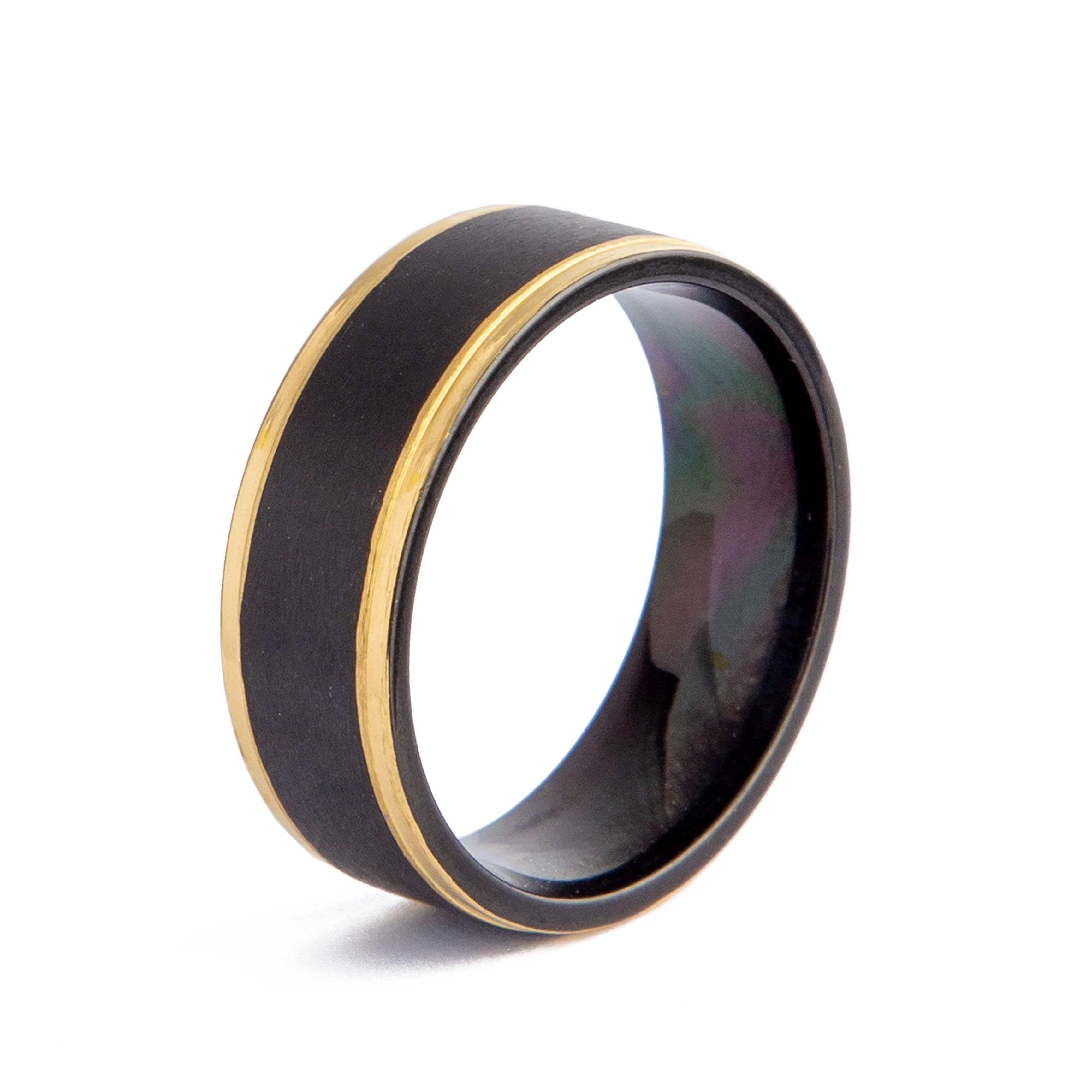 Black Tungsten Carbide Ring with Gold Inlay, men's band with modern design.