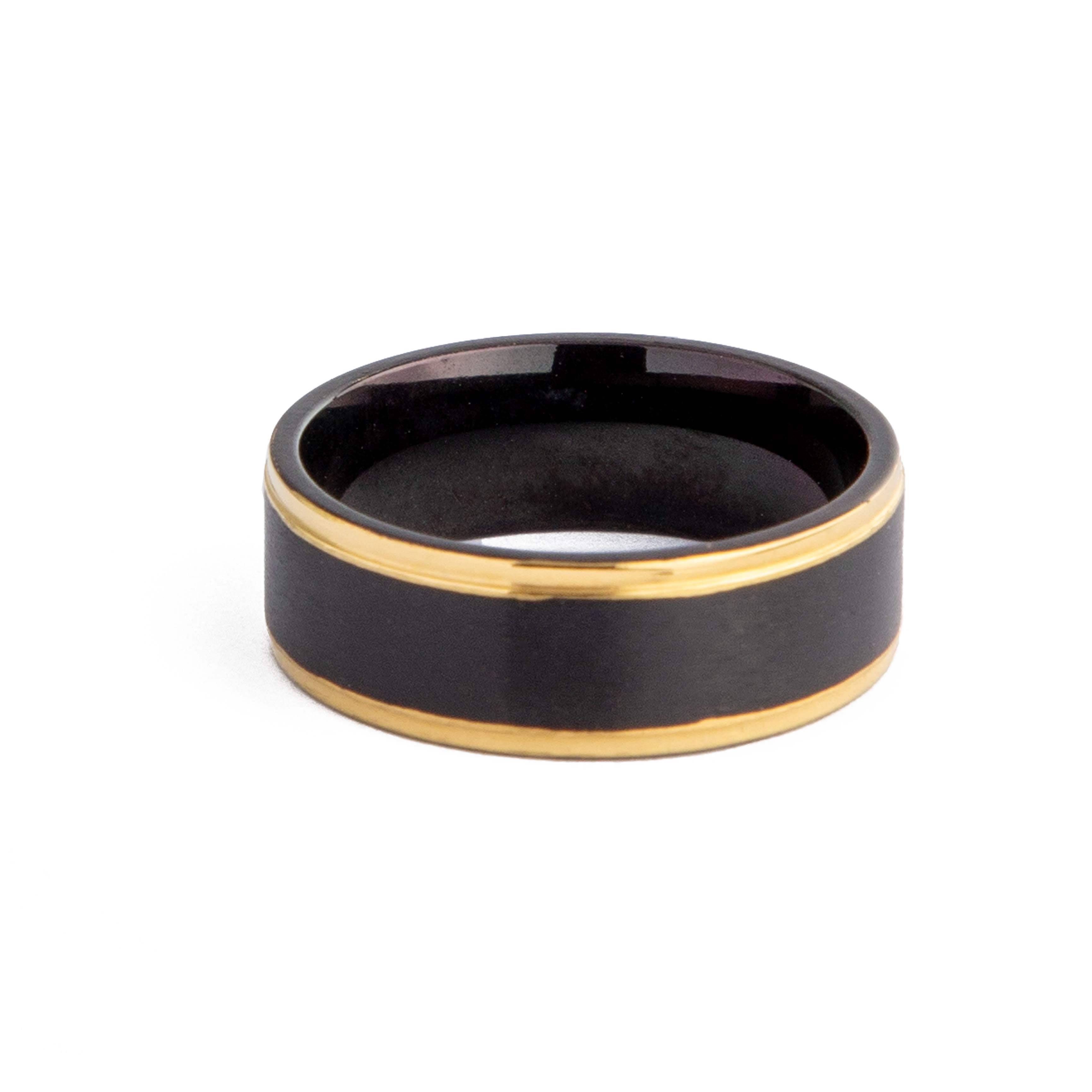 Black Tungsten Carbide Ring with Gold Inlay, men's band with modern design.