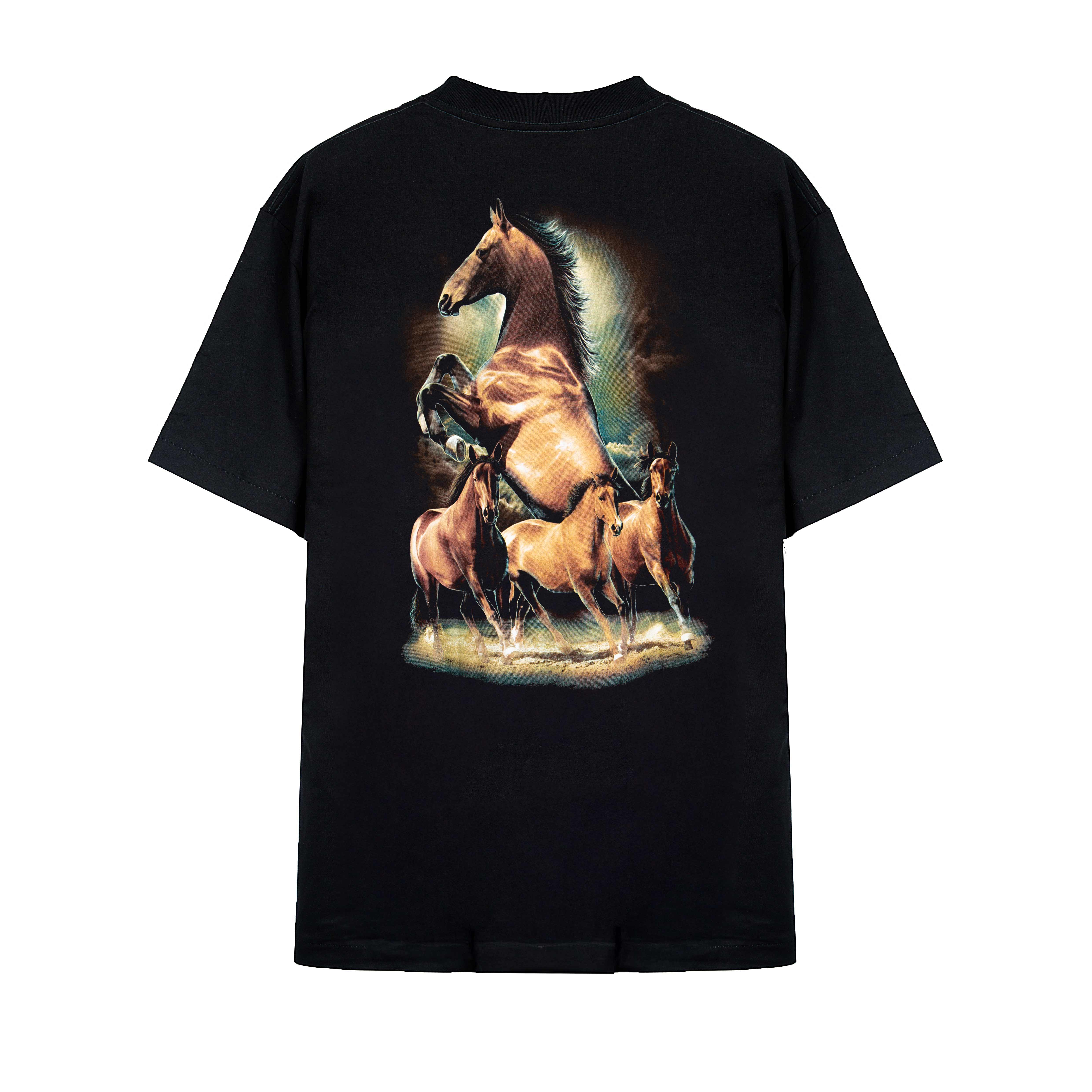 "Rock Eagle black unisex T-shirt with detailed running and rearing horse graphic – nature-themed streetwear"