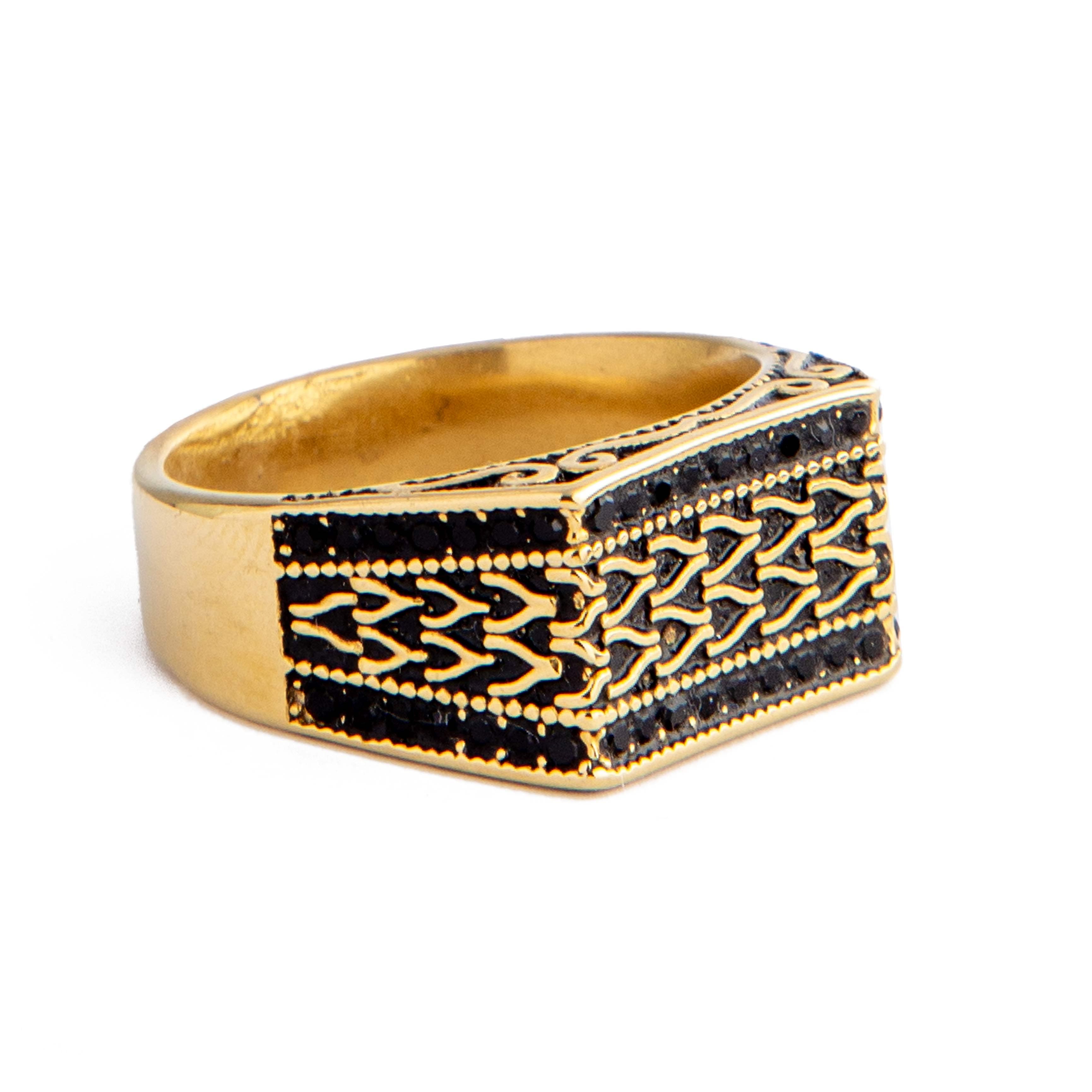 Men's gold-plated ring with black cubic zirconia