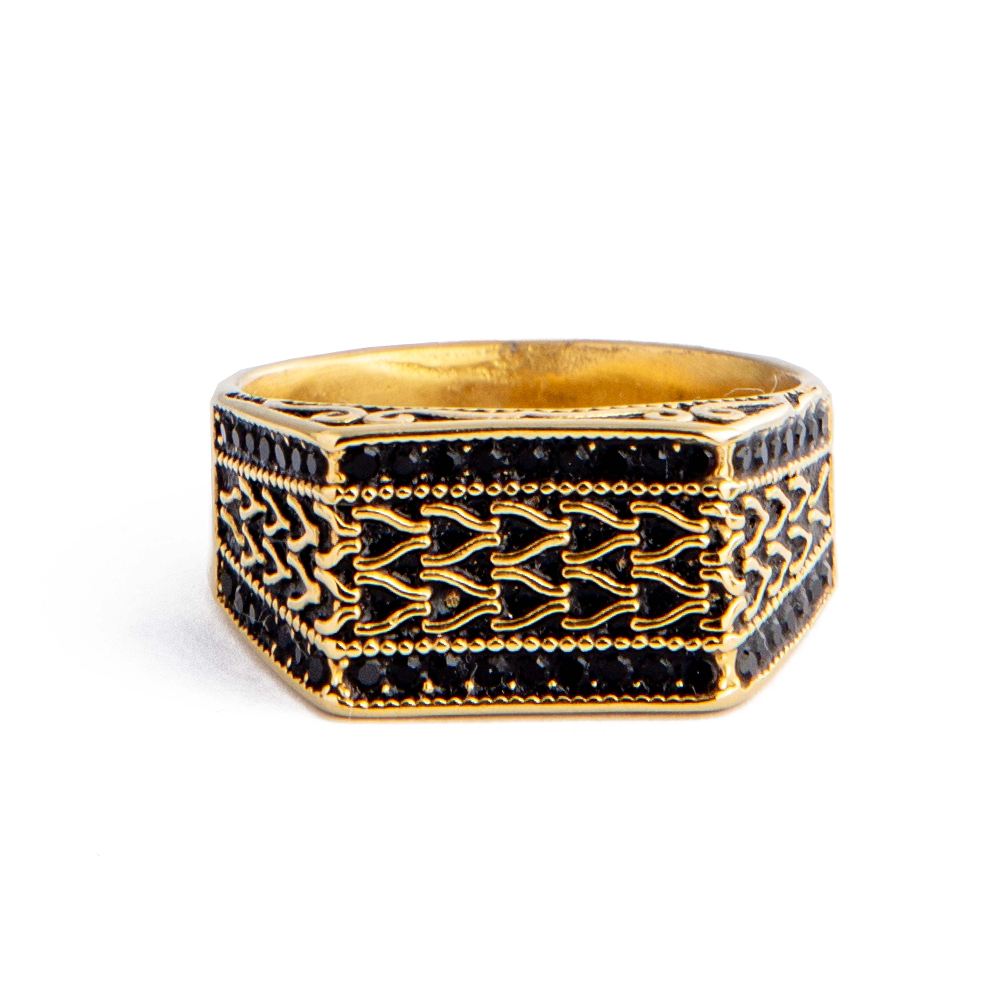 Men's gold-plated ring with black cubic zirconia