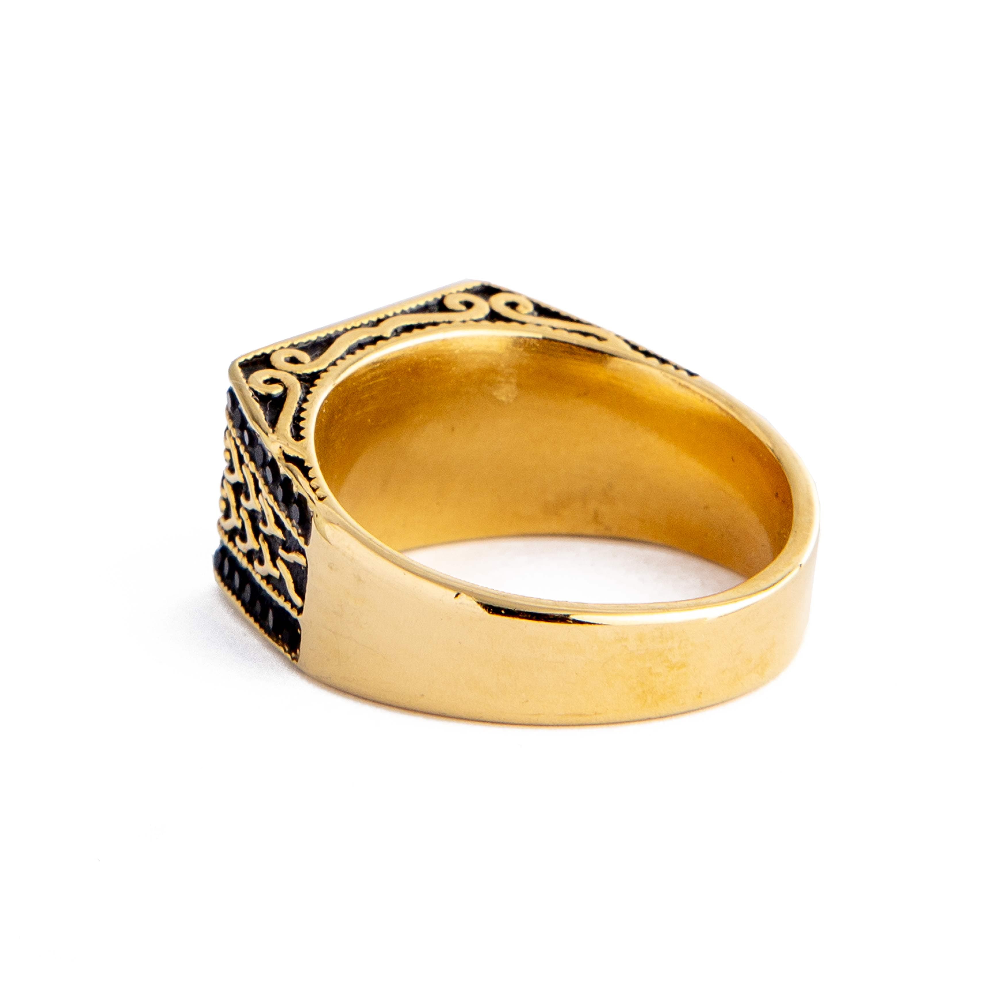 Men's gold-plated ring with black cubic zirconia
