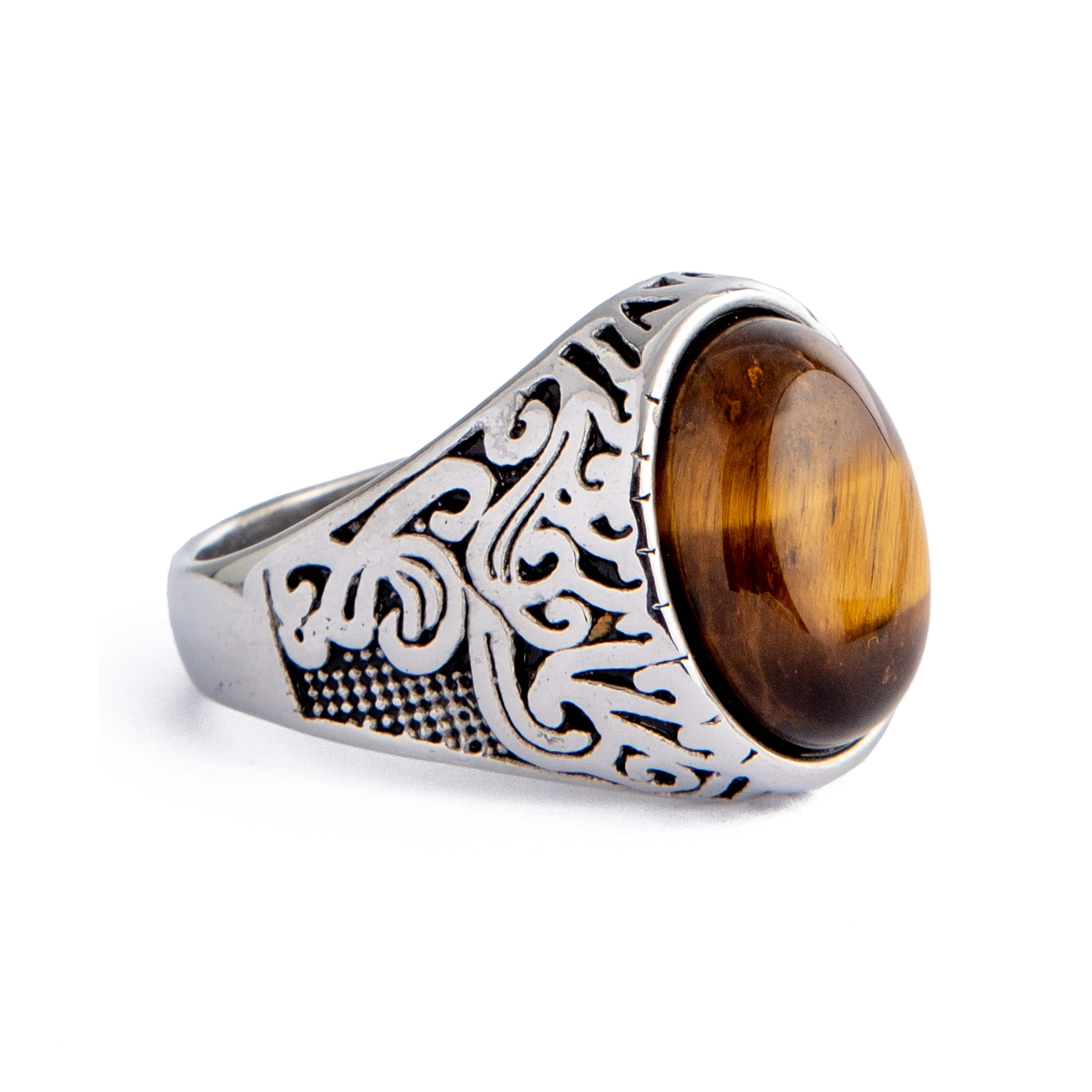 Tiger's Eye Gemstone Ring, Stainless Steel Band, Vintage Style