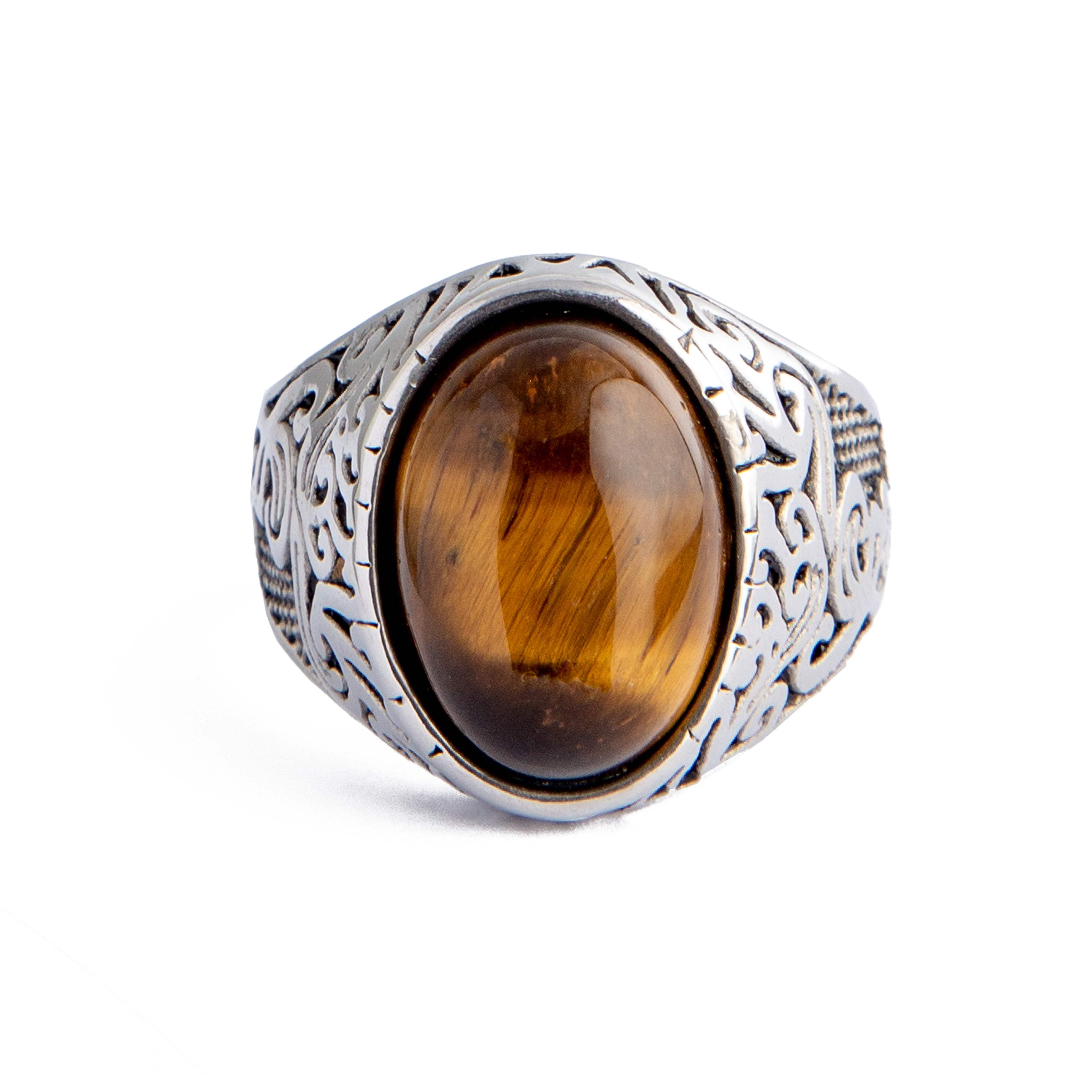 Tiger's Eye Gemstone Ring, Stainless Steel Band, Vintage Style