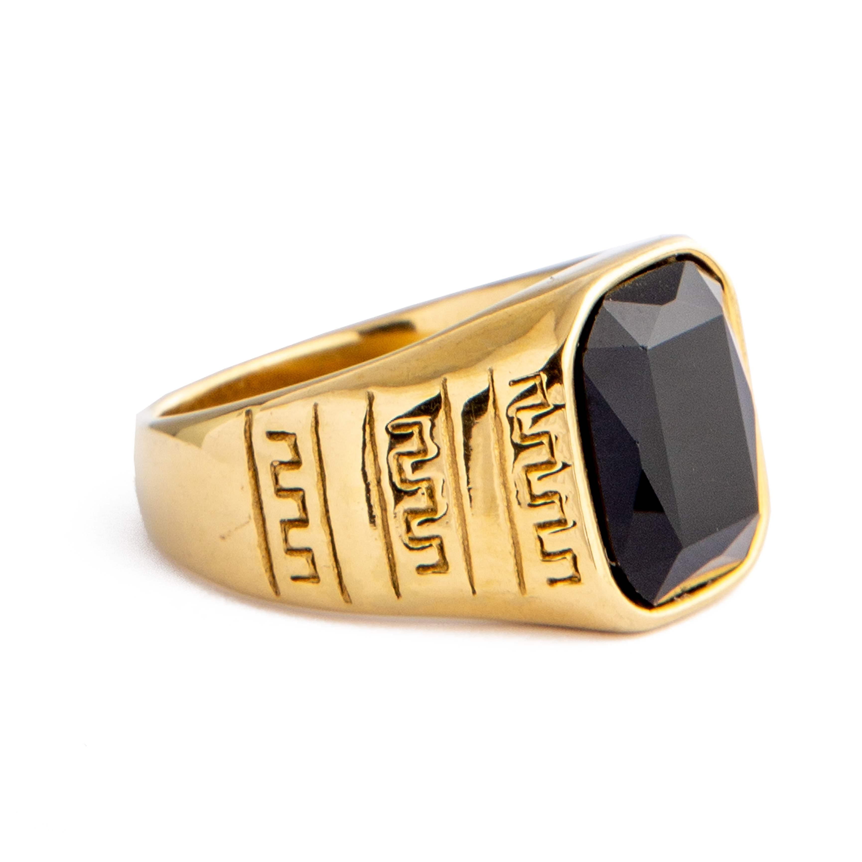Gold-Plated Black Onyx Signet Ring with Greek Key Design