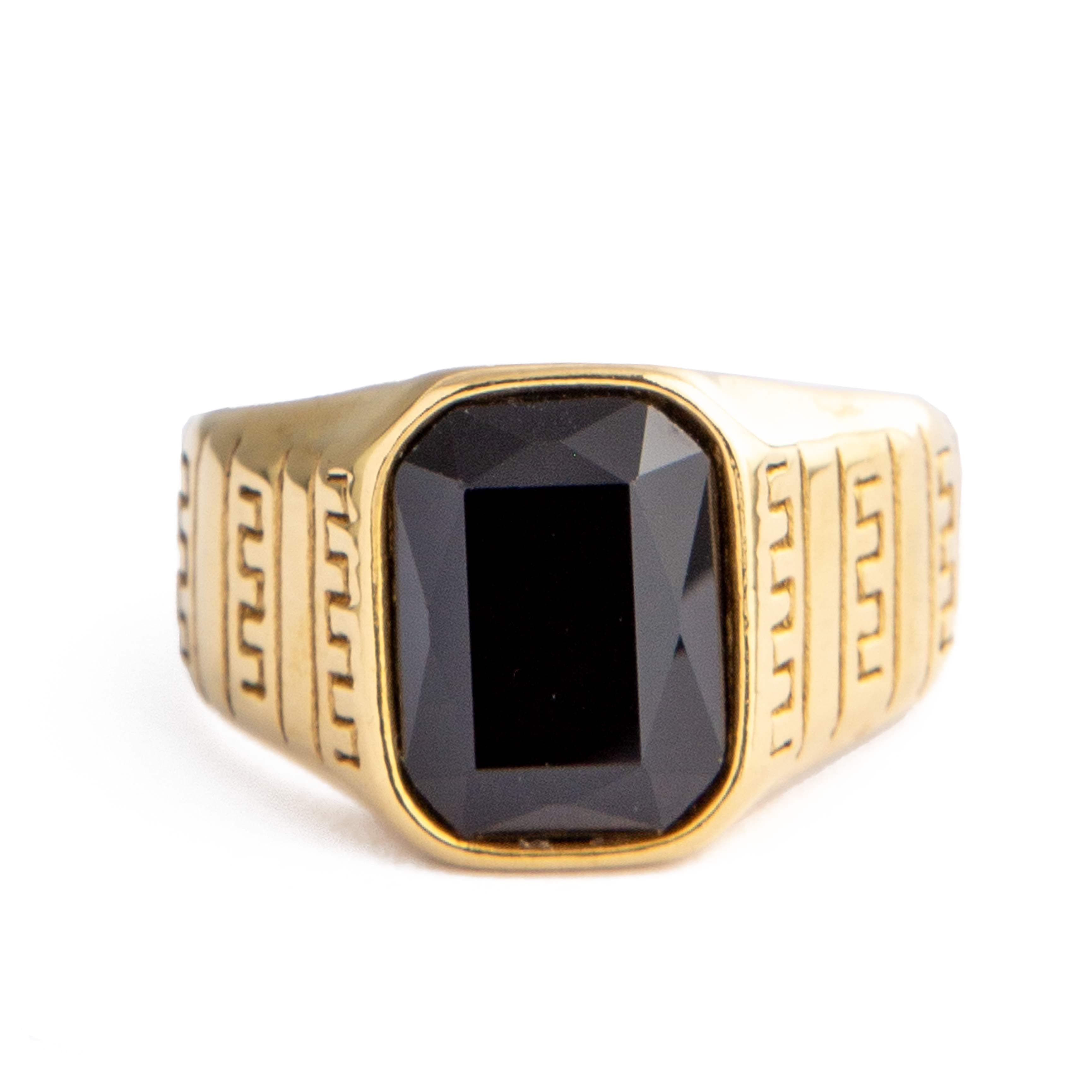 Gold-Plated Black Onyx Signet Ring with Greek Key Design