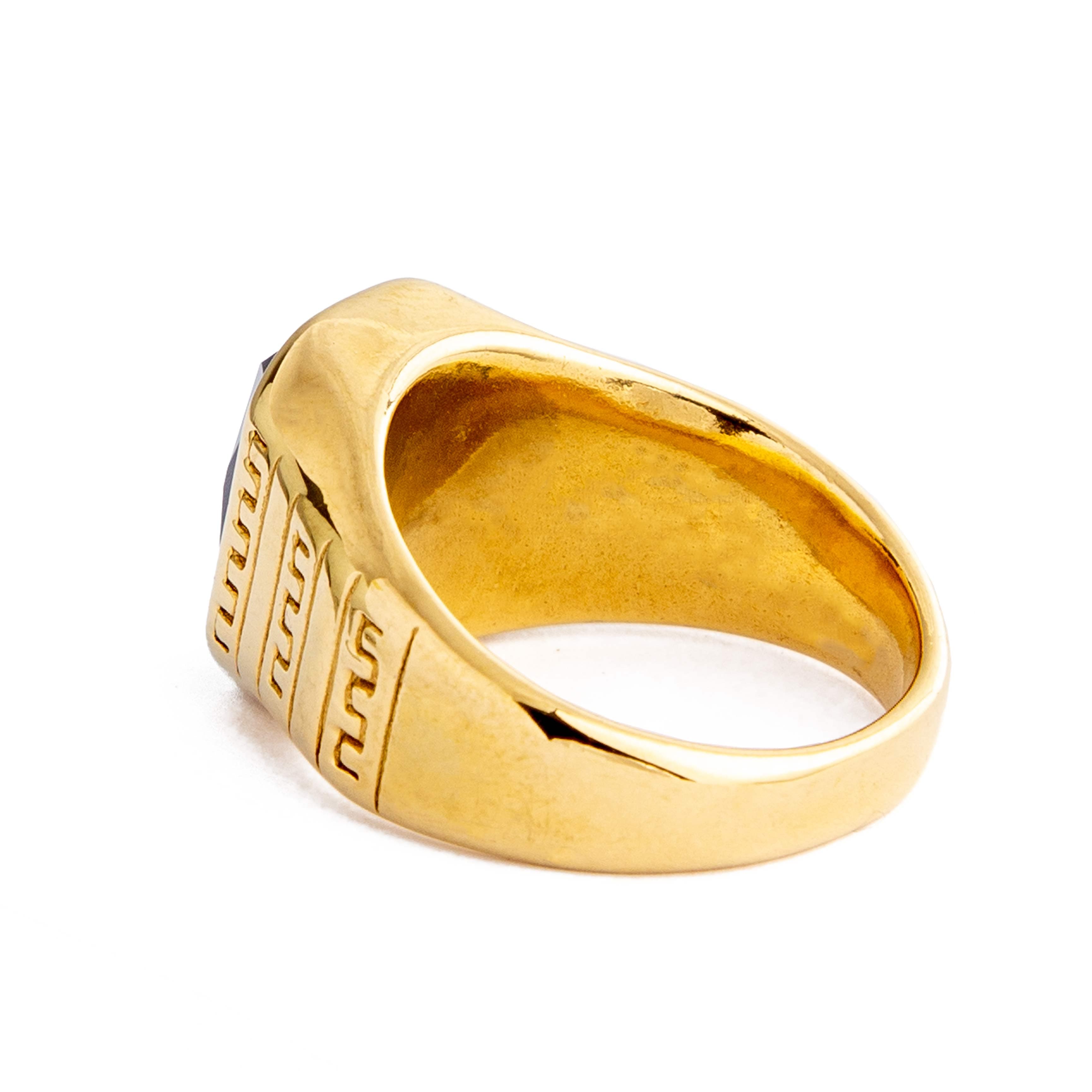 Gold-Plated Black Onyx Signet Ring with Greek Key Design