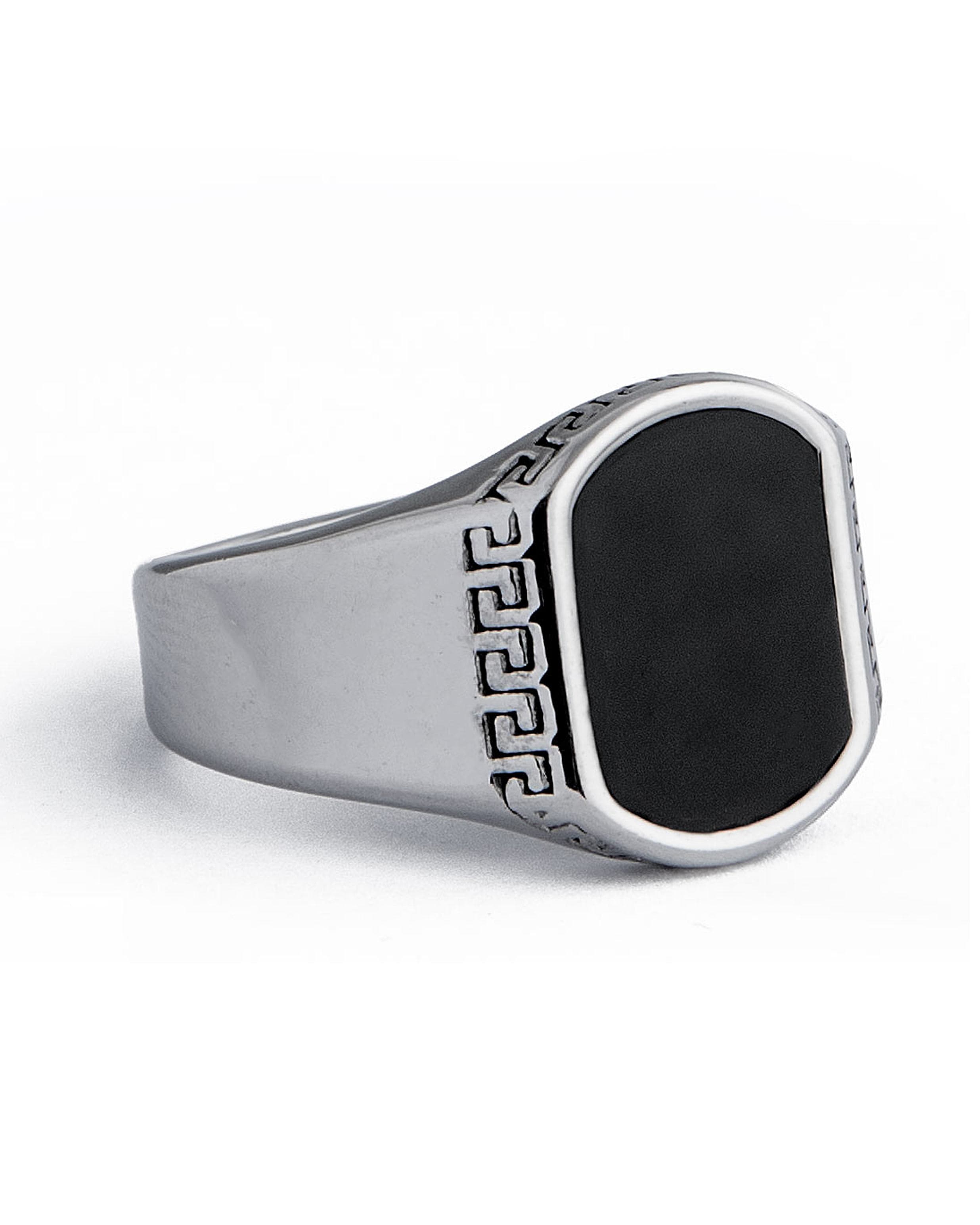 Black Onyx and Sterling Greek Key Signet Ring, 11575 -Silver