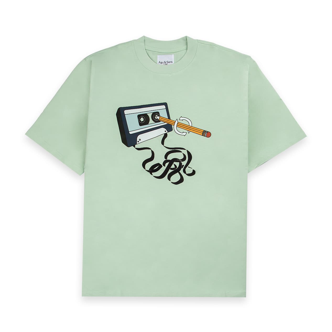Mint green t-shirt with cassette and pencil graphic. Retro music tee.