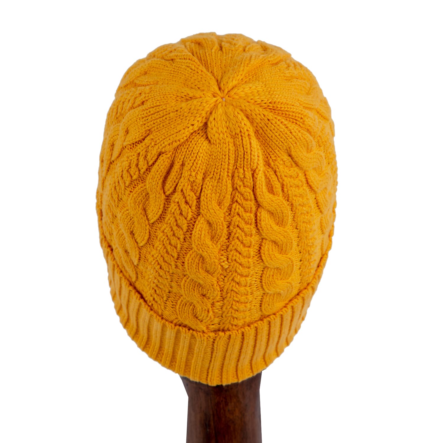 Mustard yellow cable knit wool beanie with logo patch.