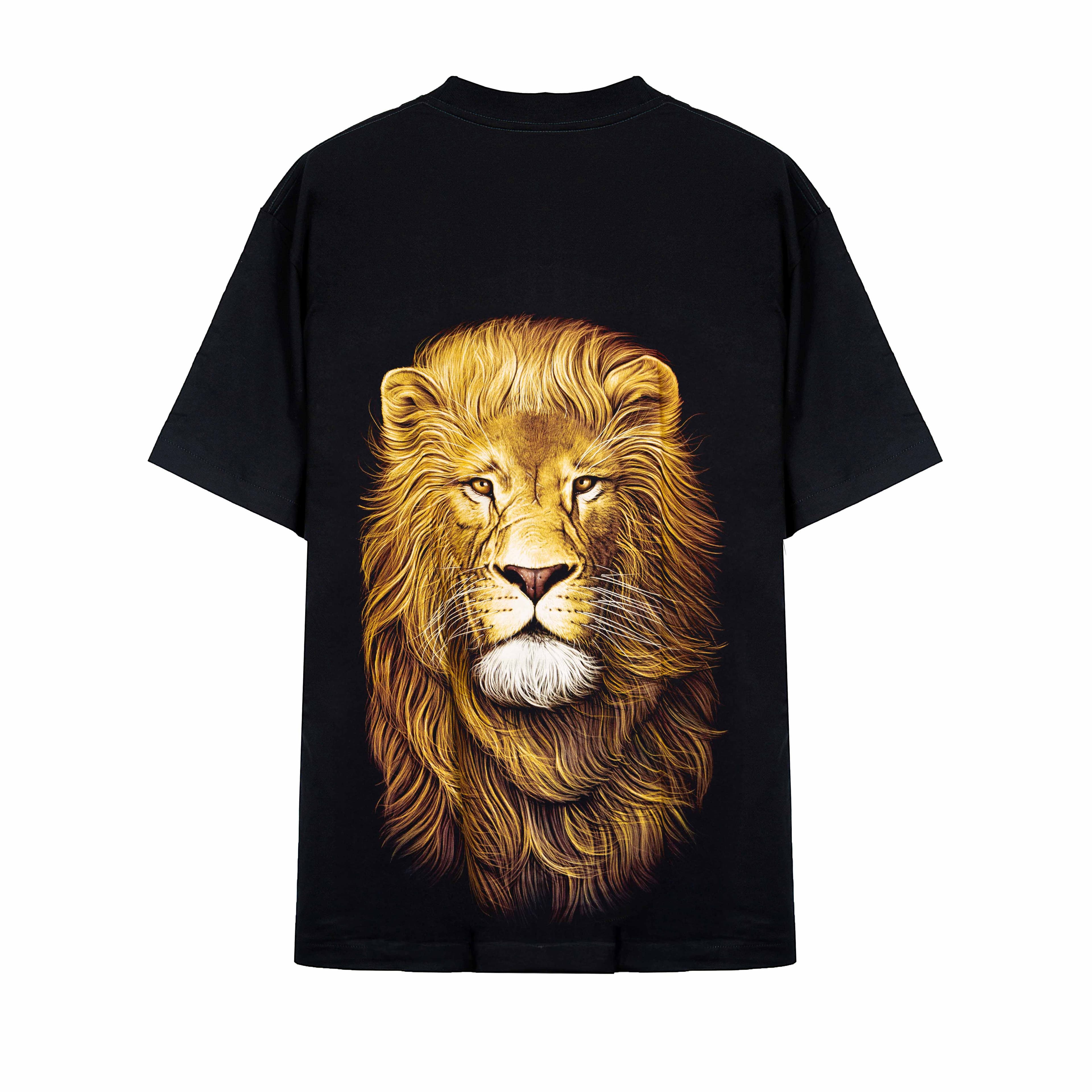 Rock Eagle black unisex t-shirt with a large, realistic, and highly detailed graphic of a majestic lion's head and golden mane centered on the chest.
