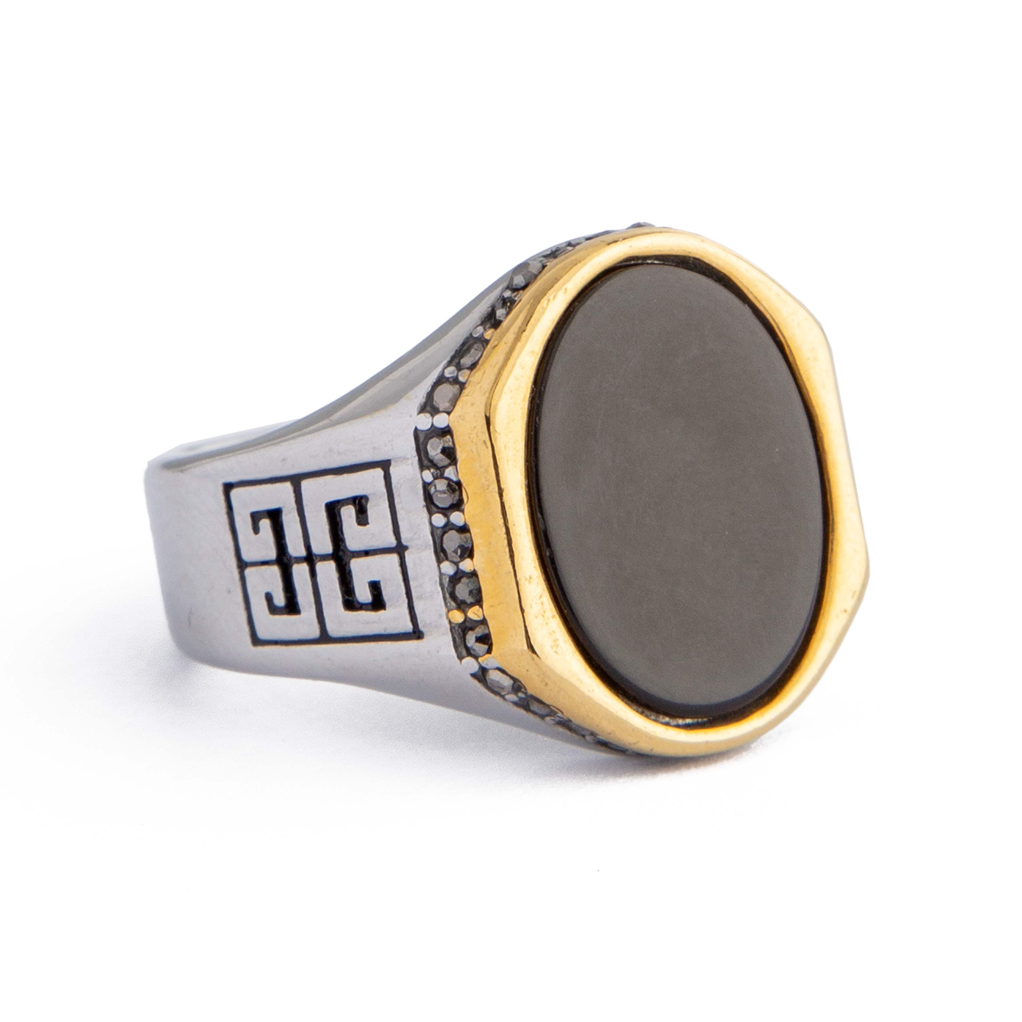 Black Stone Signet Ring with Decorative Accents, men's ring with bold design.
