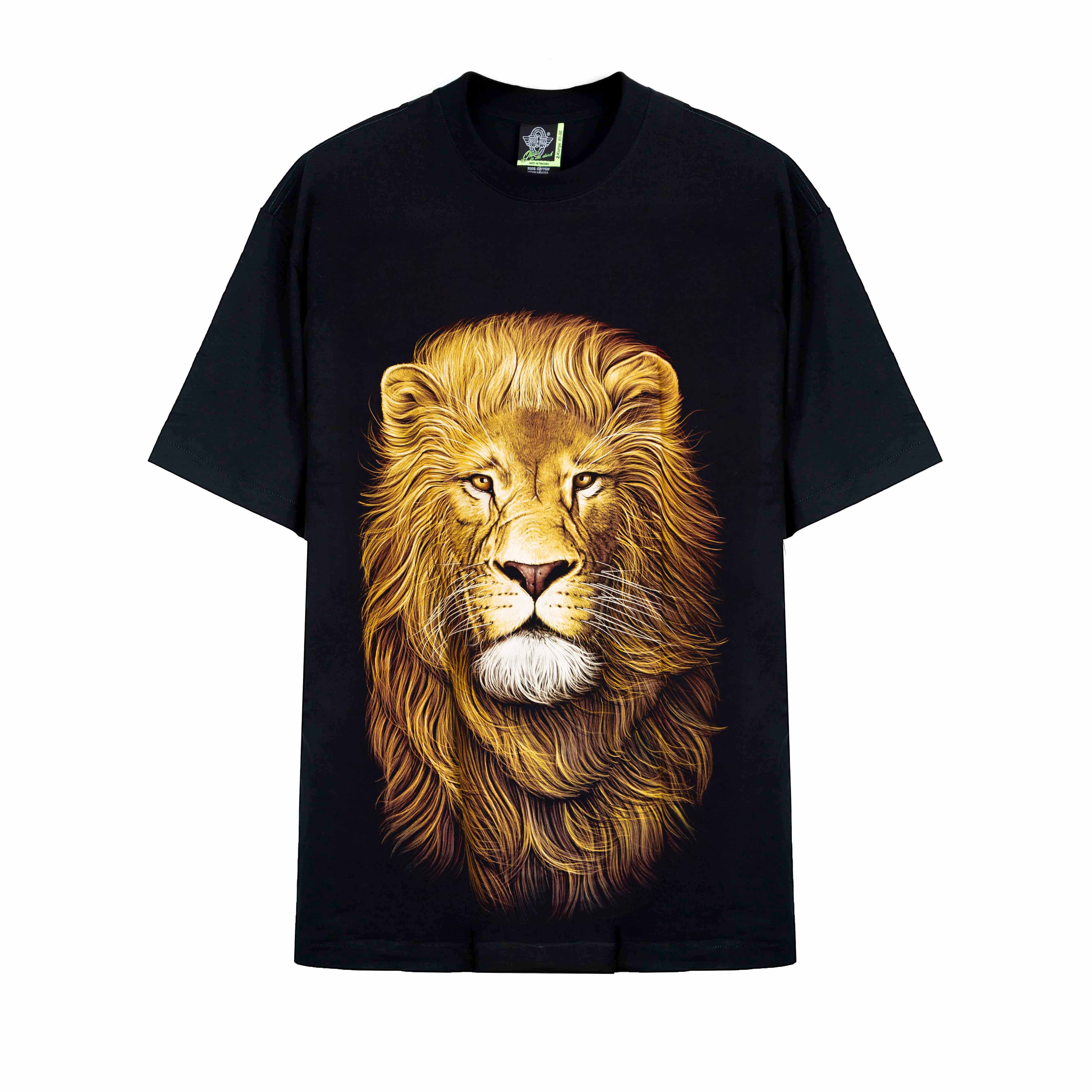 Rock Eagle black unisex t-shirt with a large, realistic, and highly detailed graphic of a majestic lion's head and golden mane centered on the chest.