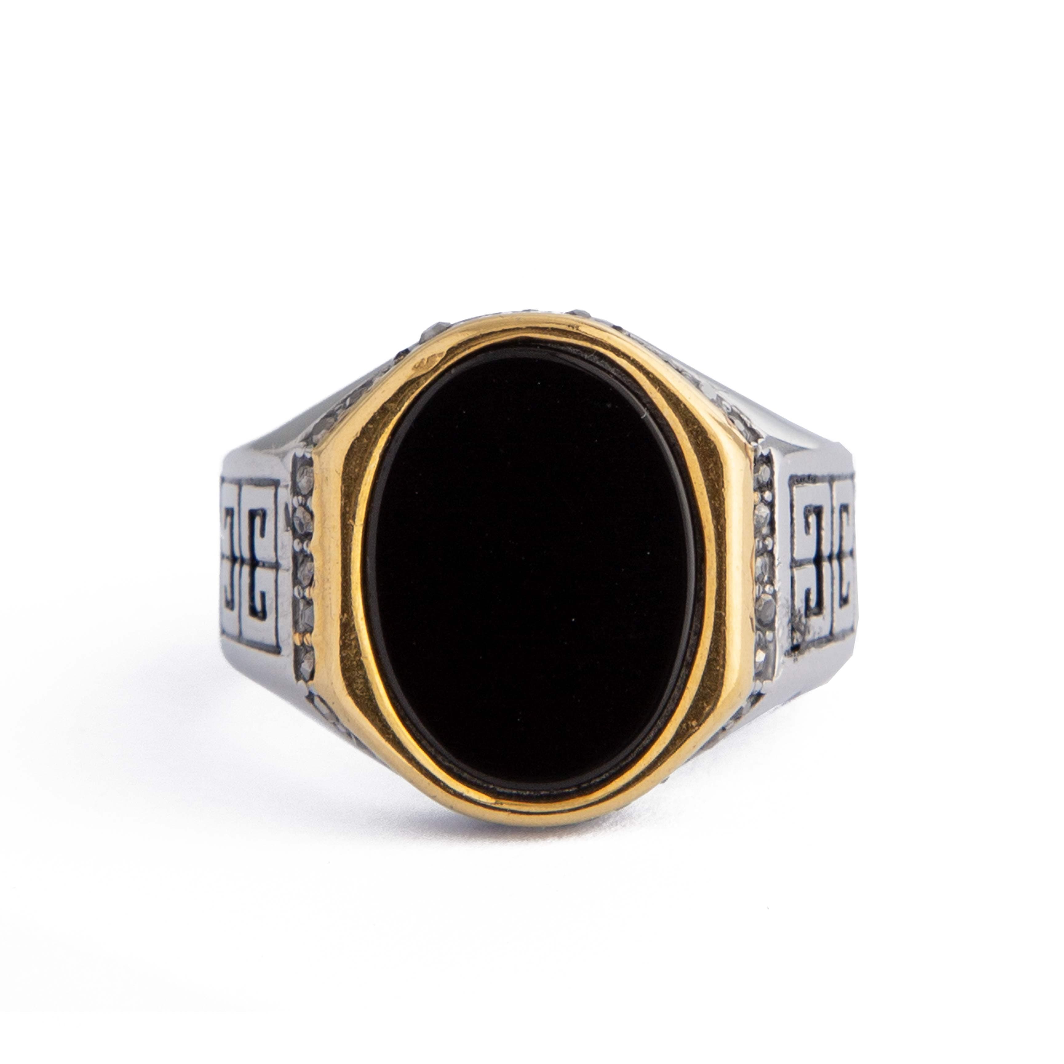 Black Stone Signet Ring with Decorative Accents, men's ring with bold design.