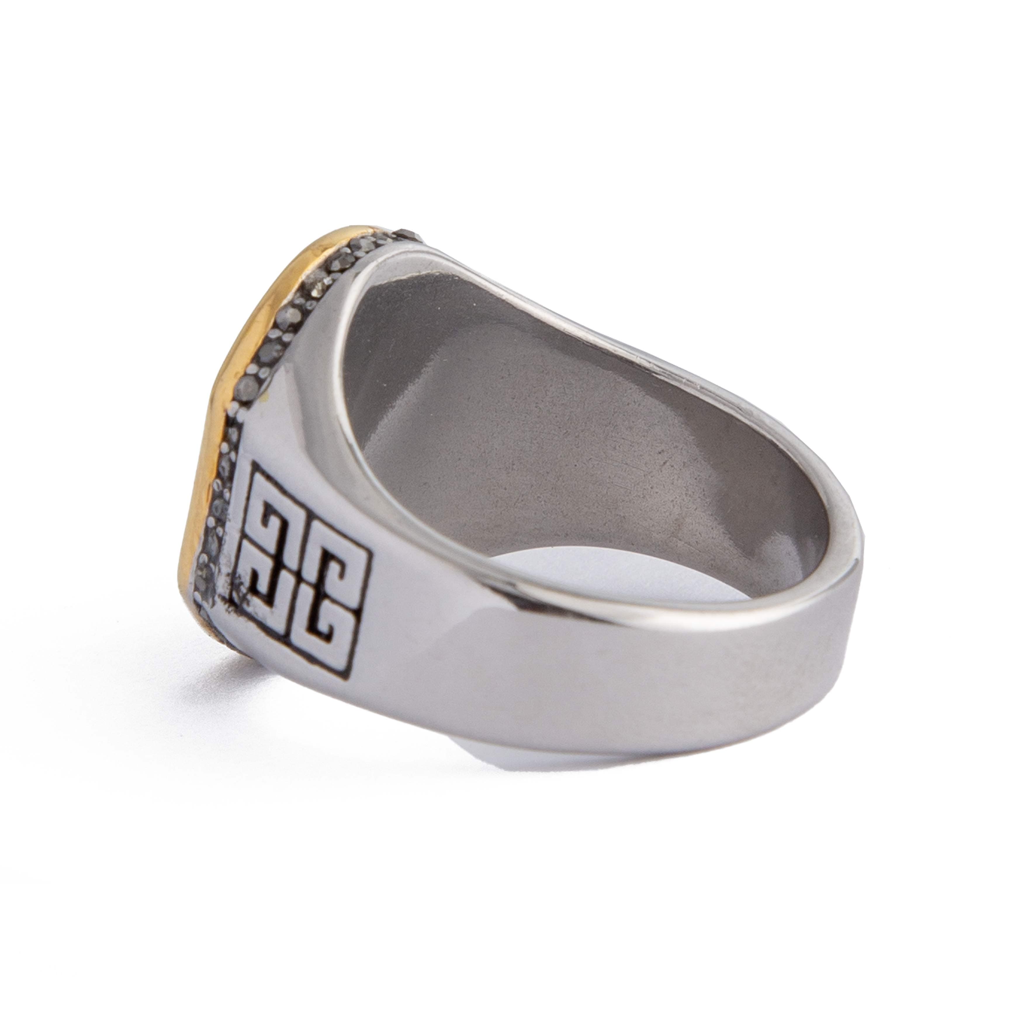 Black Stone Signet Ring with Decorative Accents, men's ring with bold design.