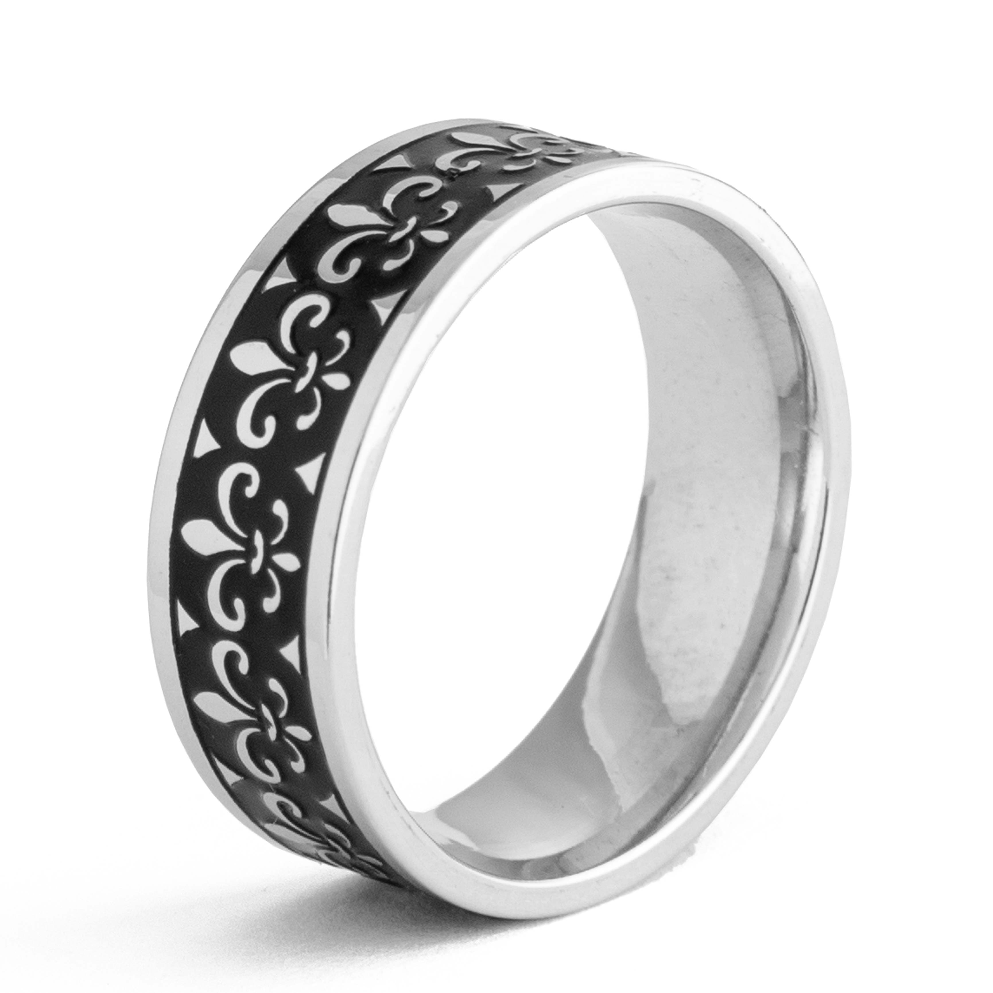 Sterling Silver Fleur De Lis Ring, unisex band with black inlay.