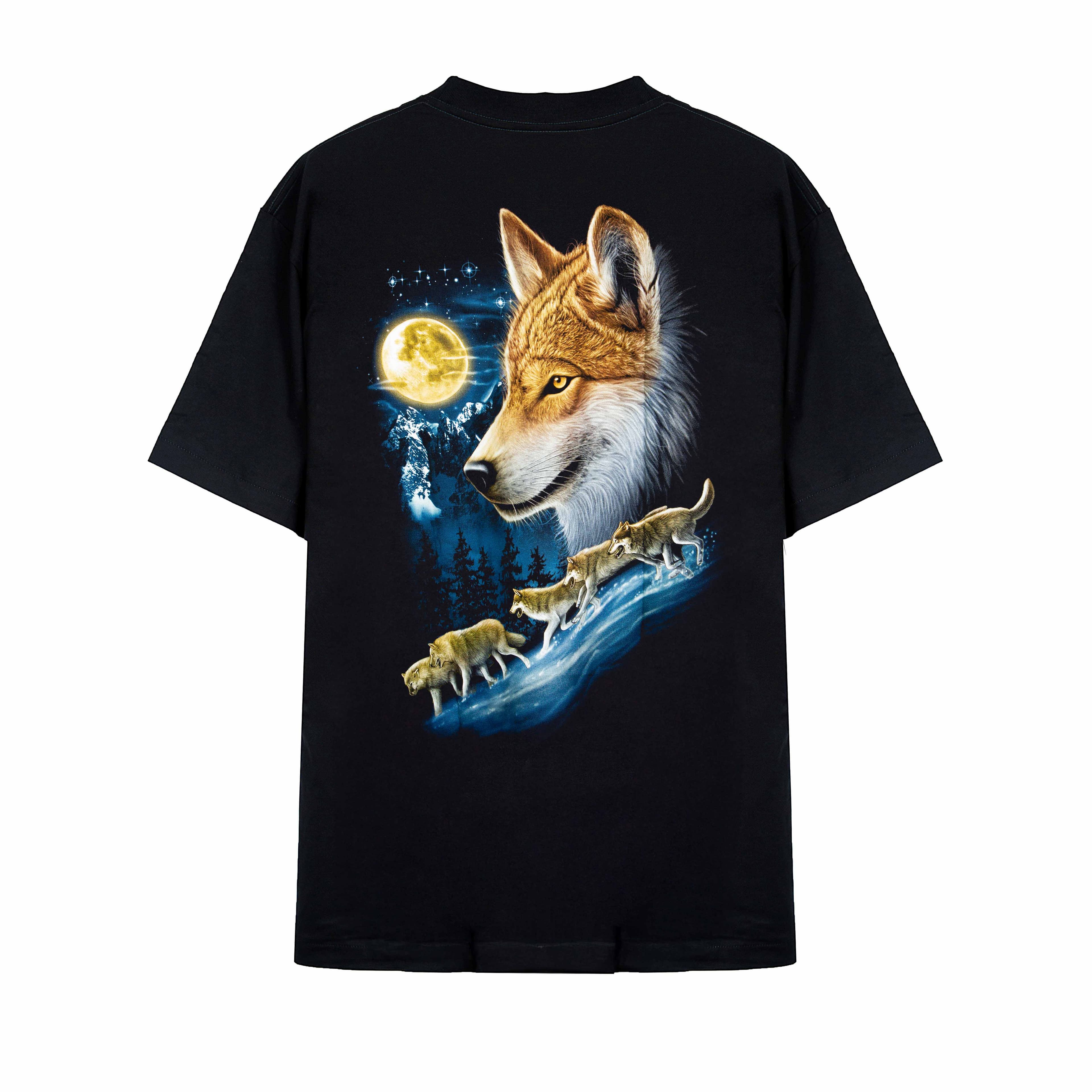 Rock Eagle black unisex t-shirt with a detailed graphic of a wolf's head, a glowing full moon, and three wolf pups walking in a snowy, blue-toned forest.