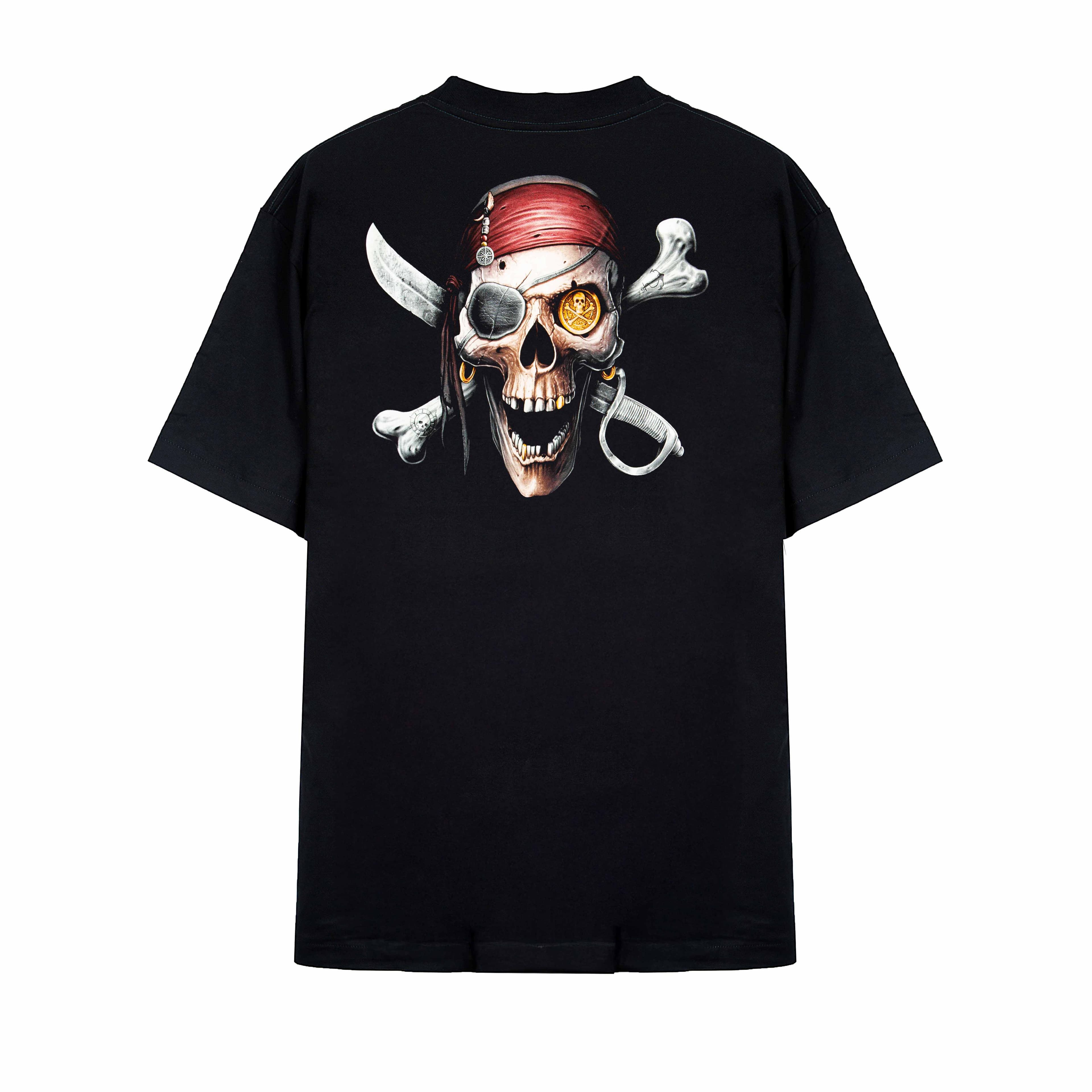 "Rock Eagle black unisex T-shirt with detailed ghost pirate captain graphic – gothic fantasy streetwear"