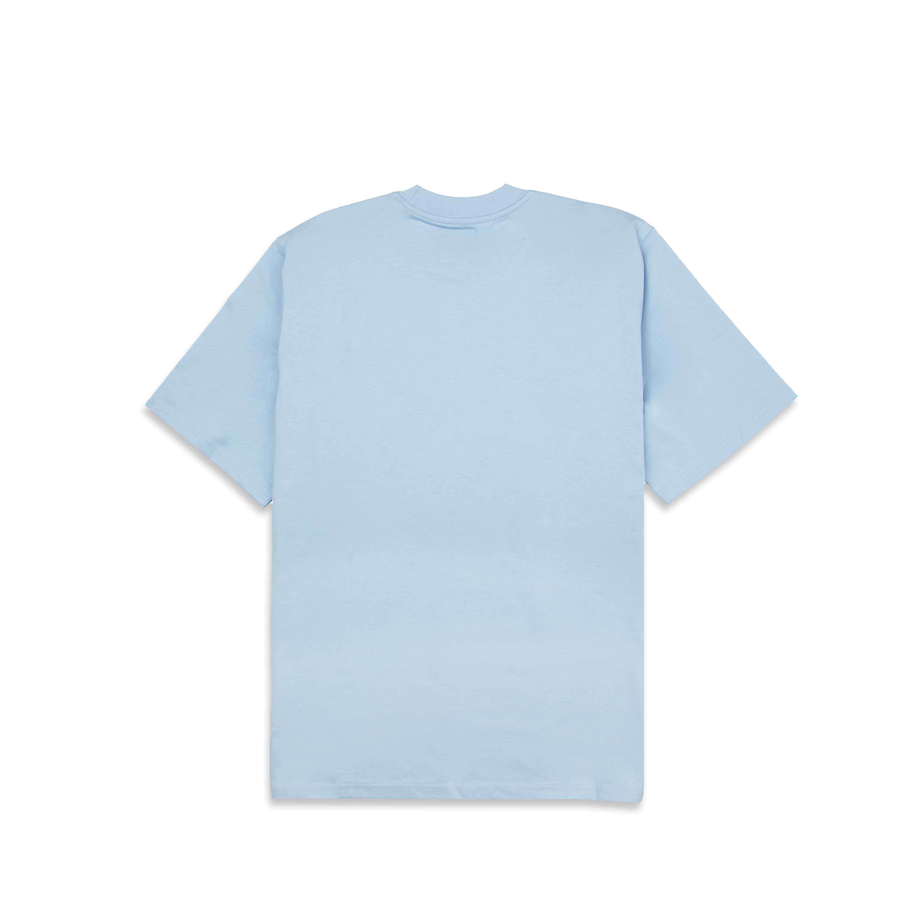 Astronaut and moon graphic on a light blue men's t-shirt by Agu & Sons.