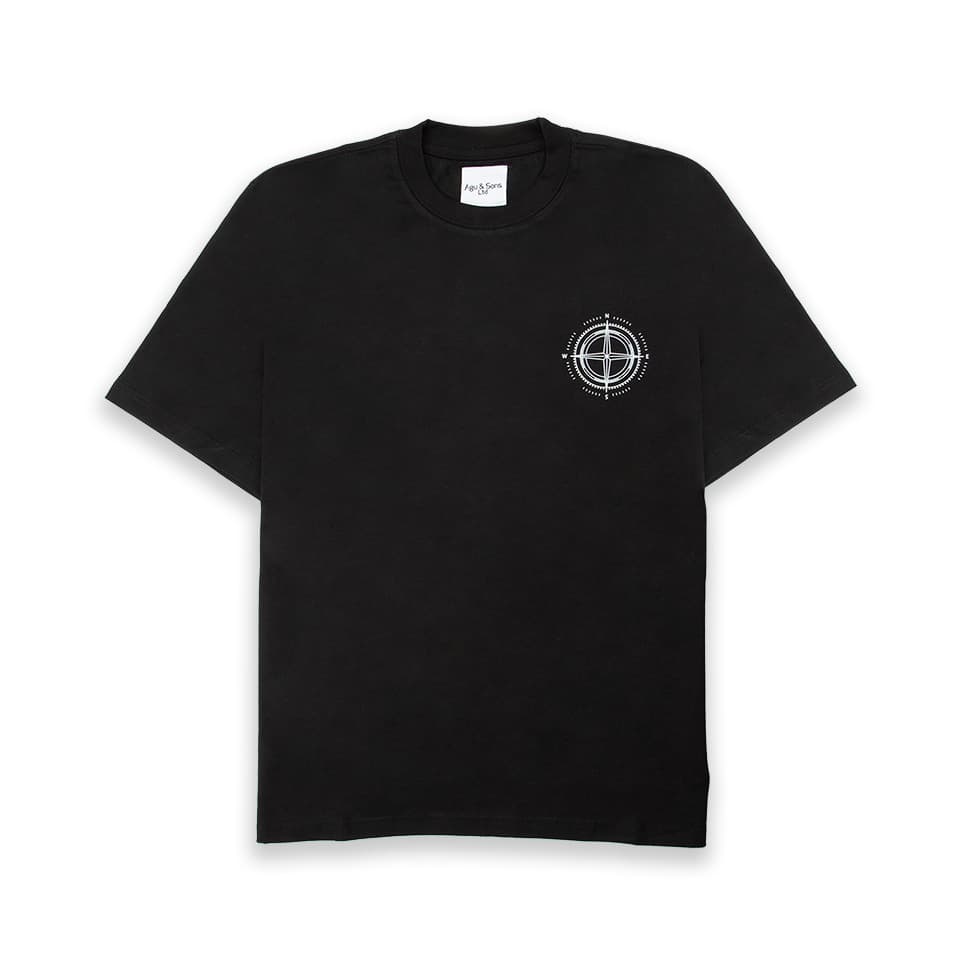Black t-shirt with white compass graphic. Minimalist tee.