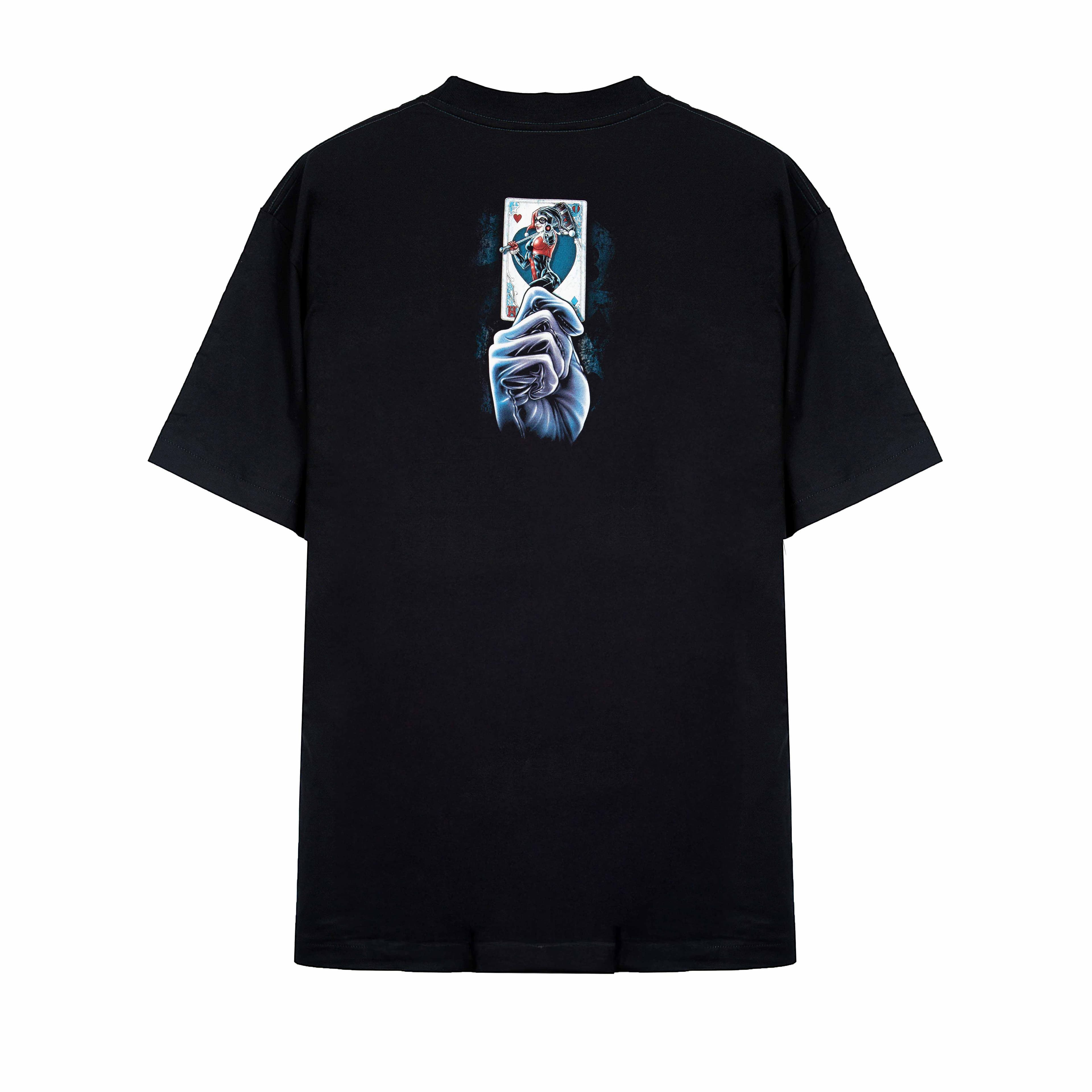 "Rock Eagle black unisex T-shirt with vivid sinister clown graphic holding a playing card – gothic streetwear design"