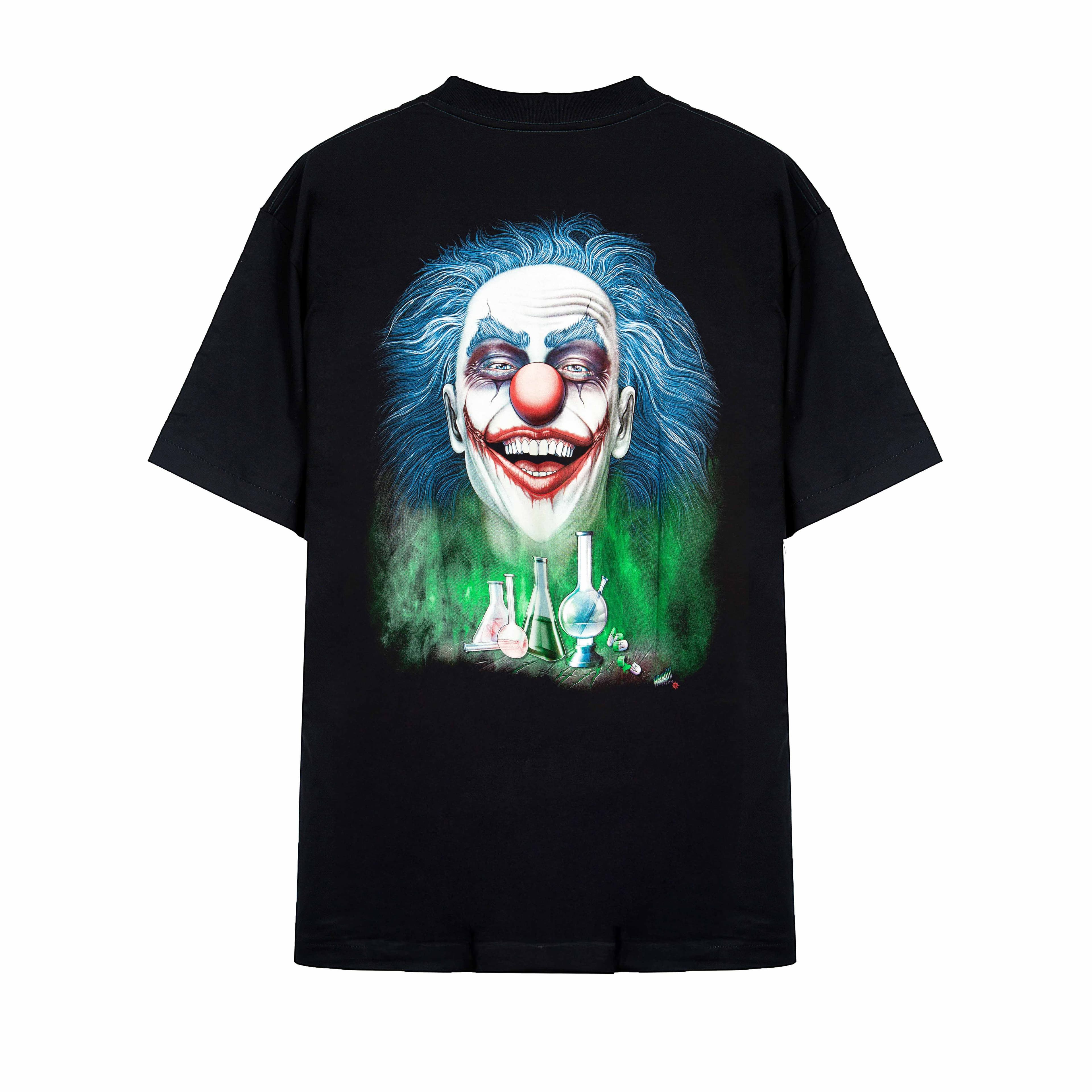 Rock Eagle black unisex t-shirt with a detailed, unsettling graphic of an evil clown with a wide grin, blue hair, and green glowing energy.