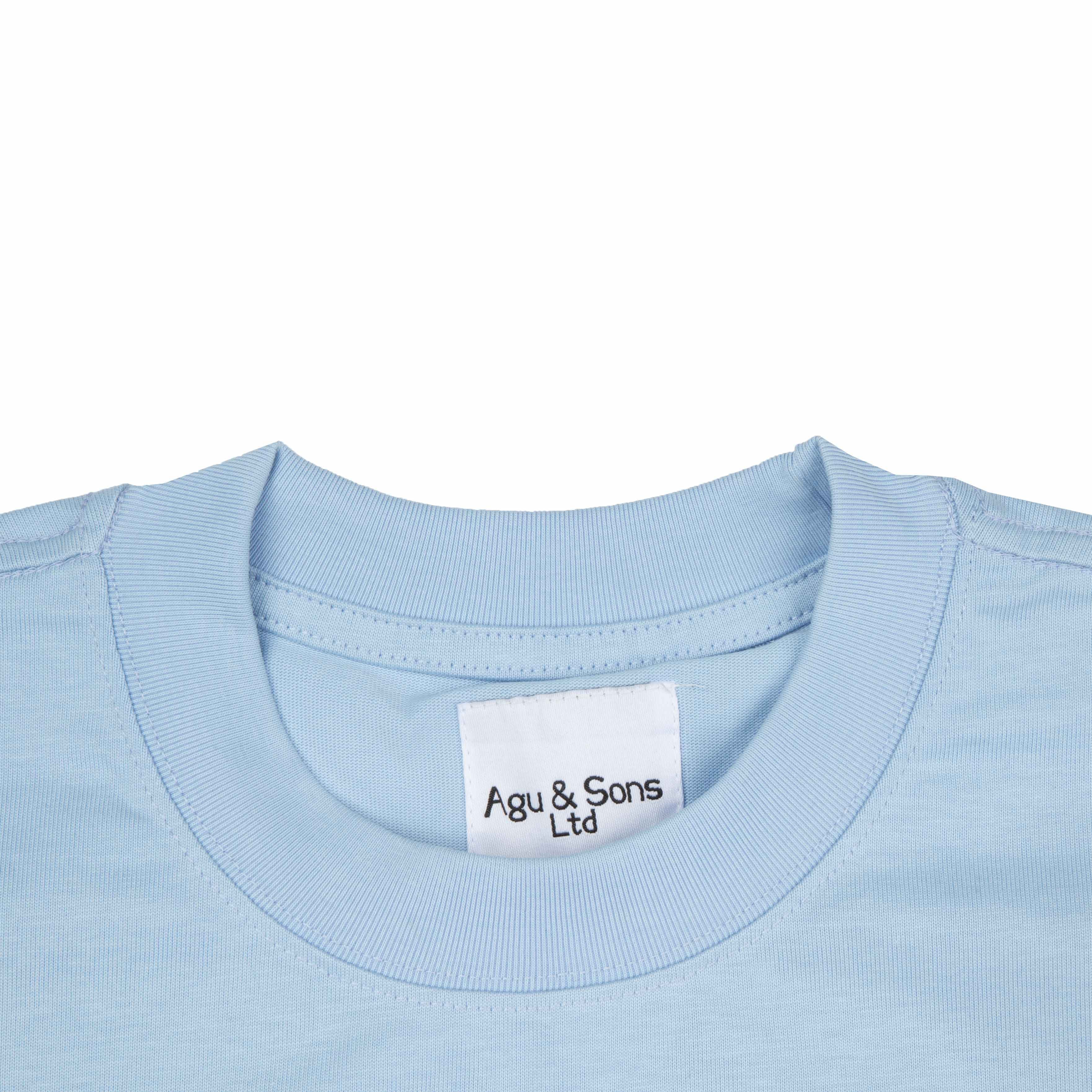 Agu & Sons light blue t-shirt with ancient philosopher bust and leaves graphic.