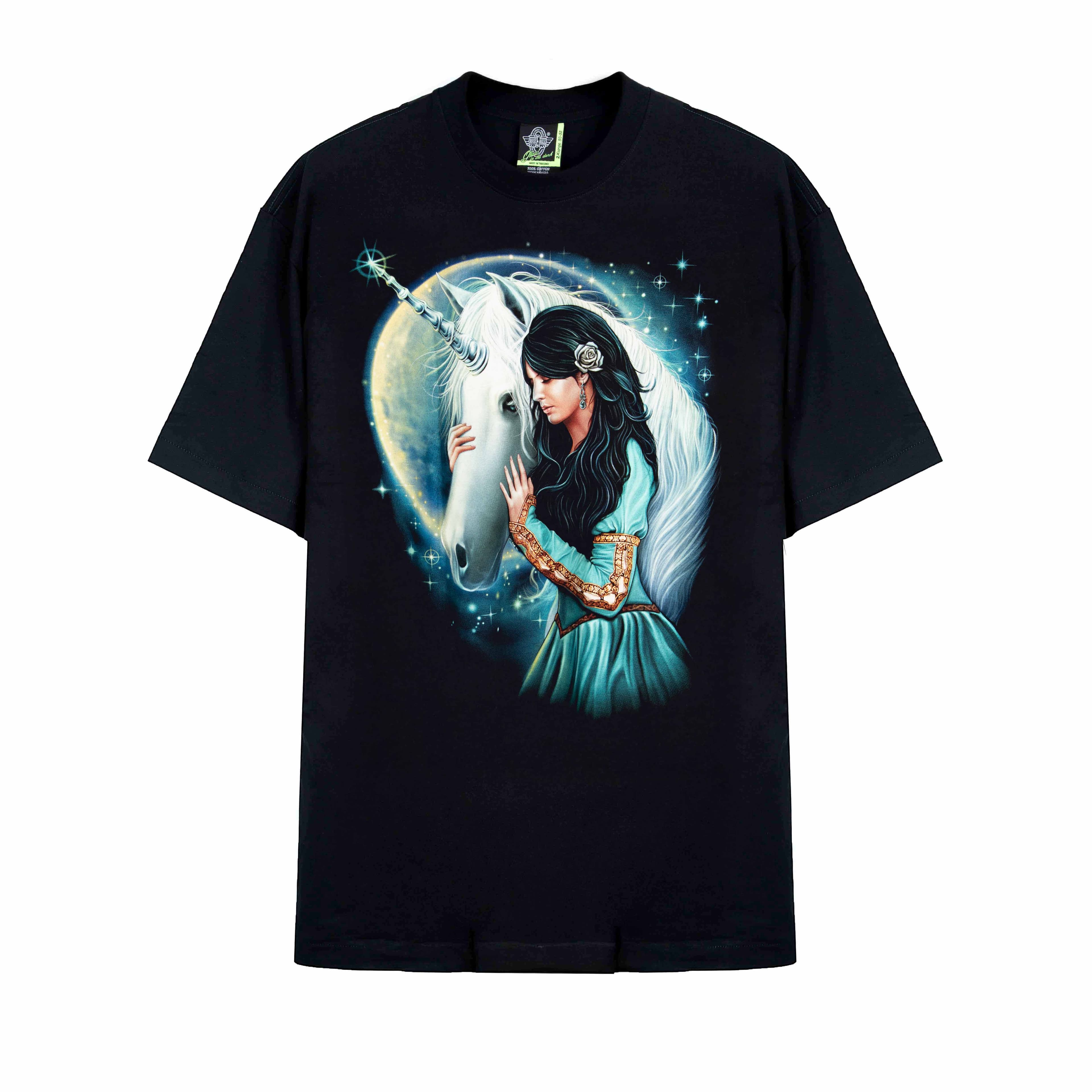 Rock Eagle Black Unicorn Maiden Fantasy Unisex T-Shirt, 11606-Black
