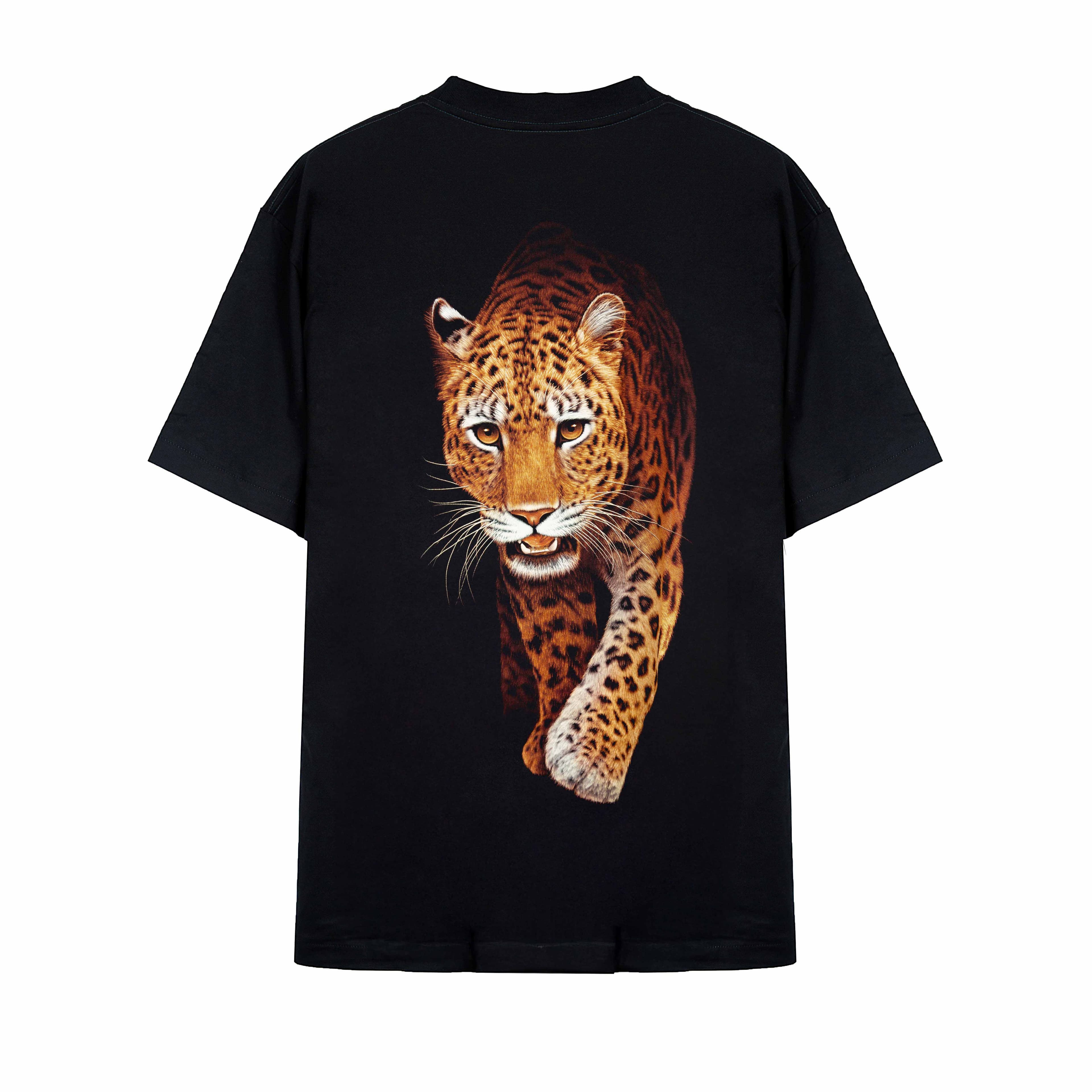 Rock Eagle black unisex t-shirt with a cosmic graphic of four lion heads clustered above a decorative dreamcatcher with feathers and a starry night background.