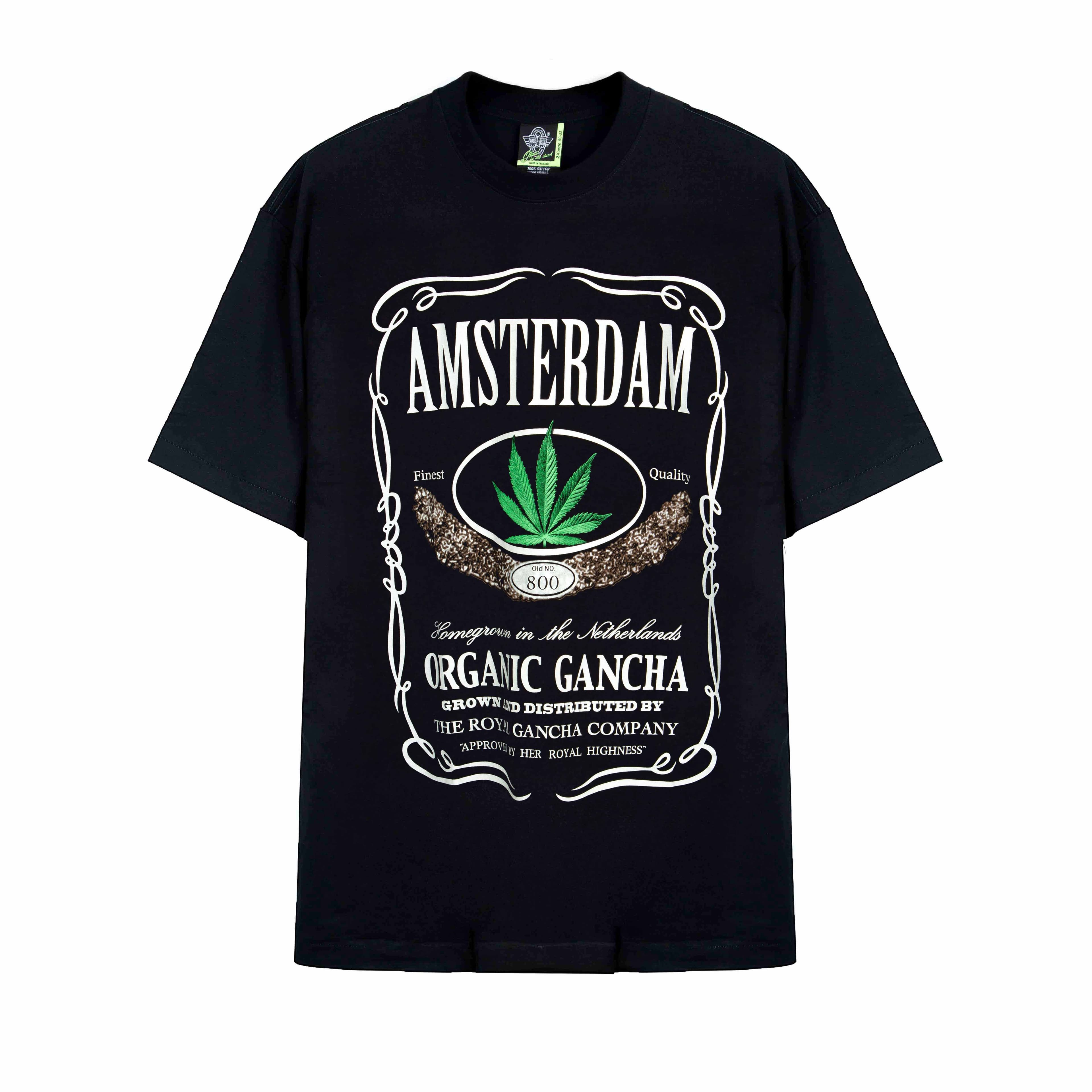 "Rock Eagle black unisex T-shirt with Amsterdam Organic Gancha cannabis leaf graphic"