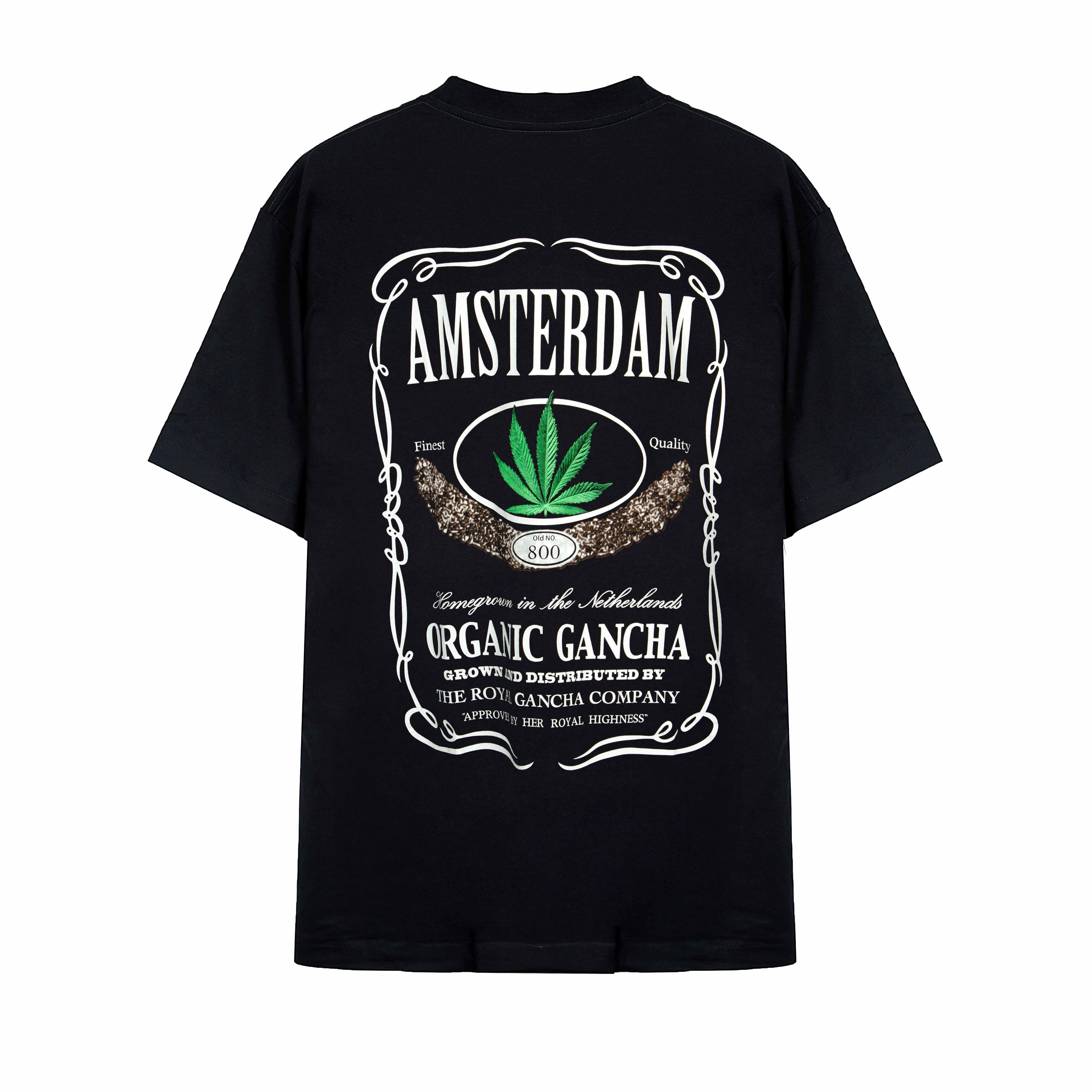 "Rock Eagle black unisex T-shirt with Amsterdam Organic Gancha cannabis leaf graphic"