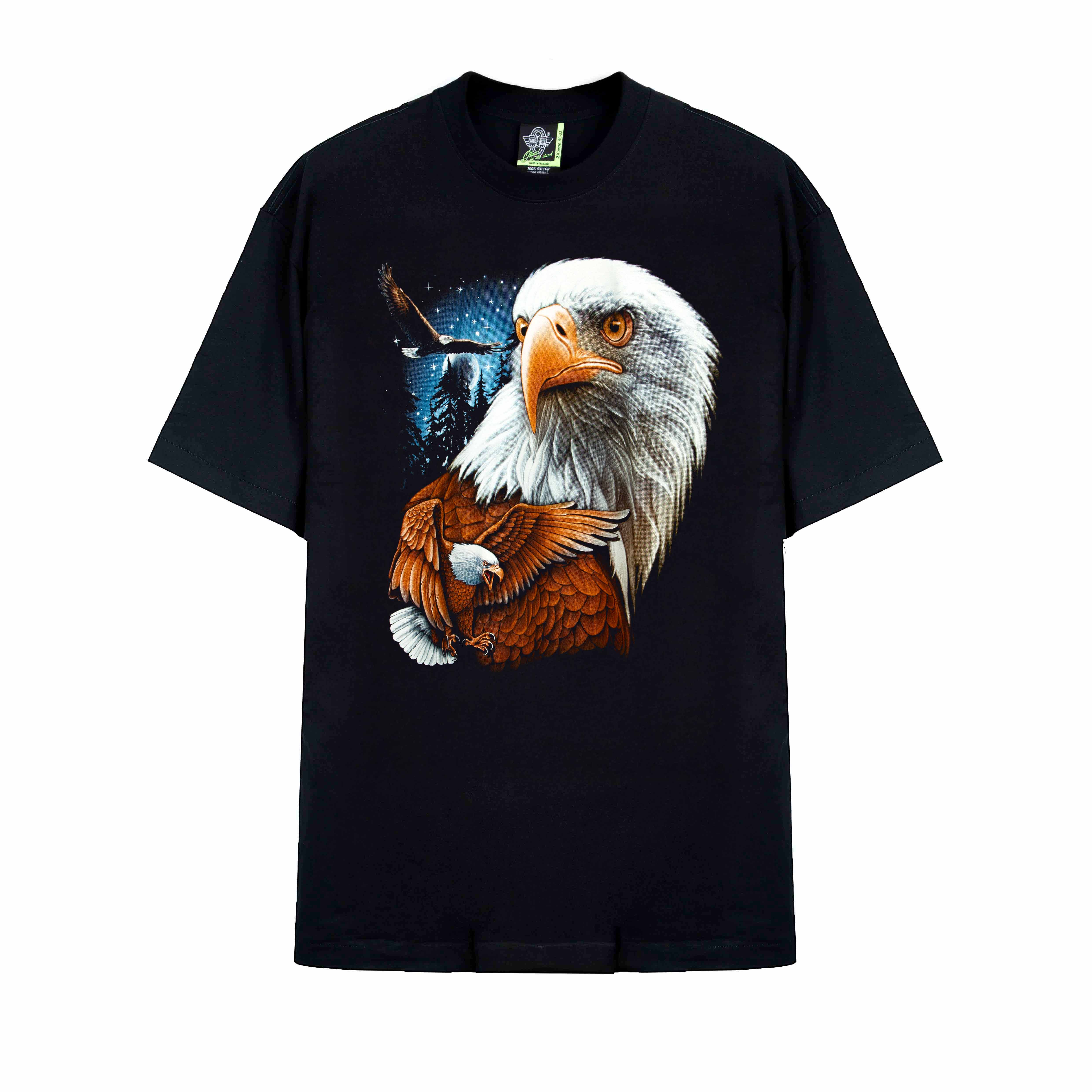 Rock Eagle black unisex t-shirt with a detailed, realistic graphic of a Bald Eagle's head and an eagle in flight against a blue, starry night sky.
