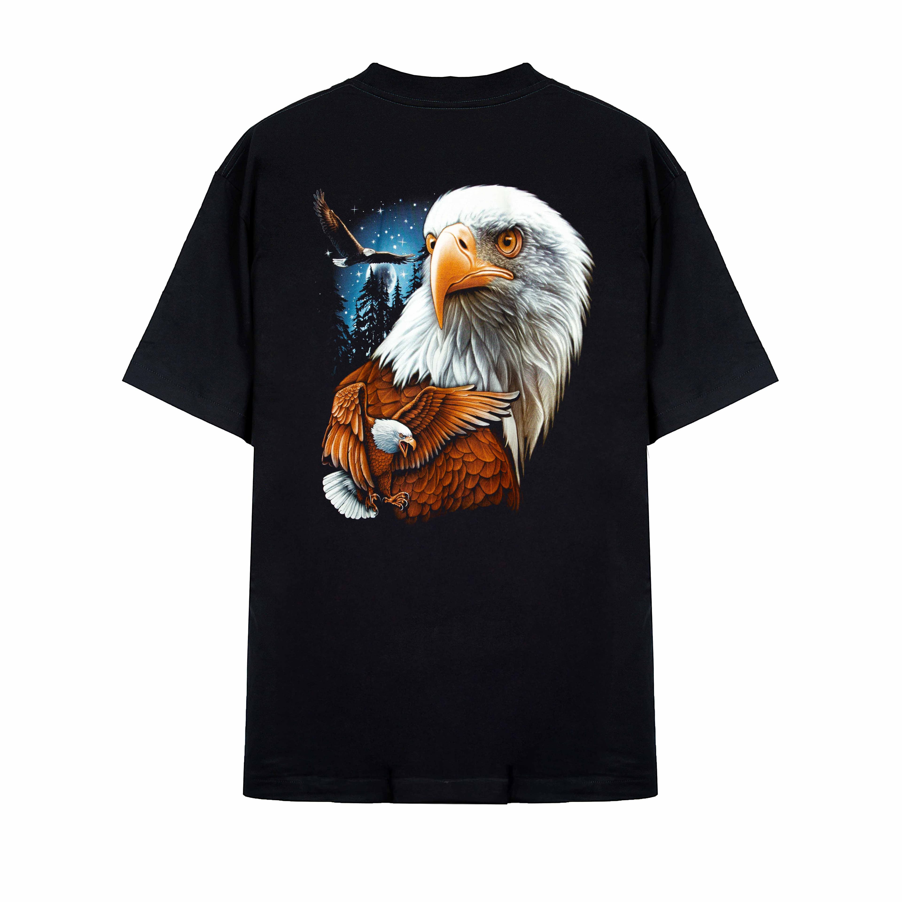 Rock Eagle black unisex t-shirt with a detailed, realistic graphic of a Bald Eagle's head and an eagle in flight against a blue, starry night sky.