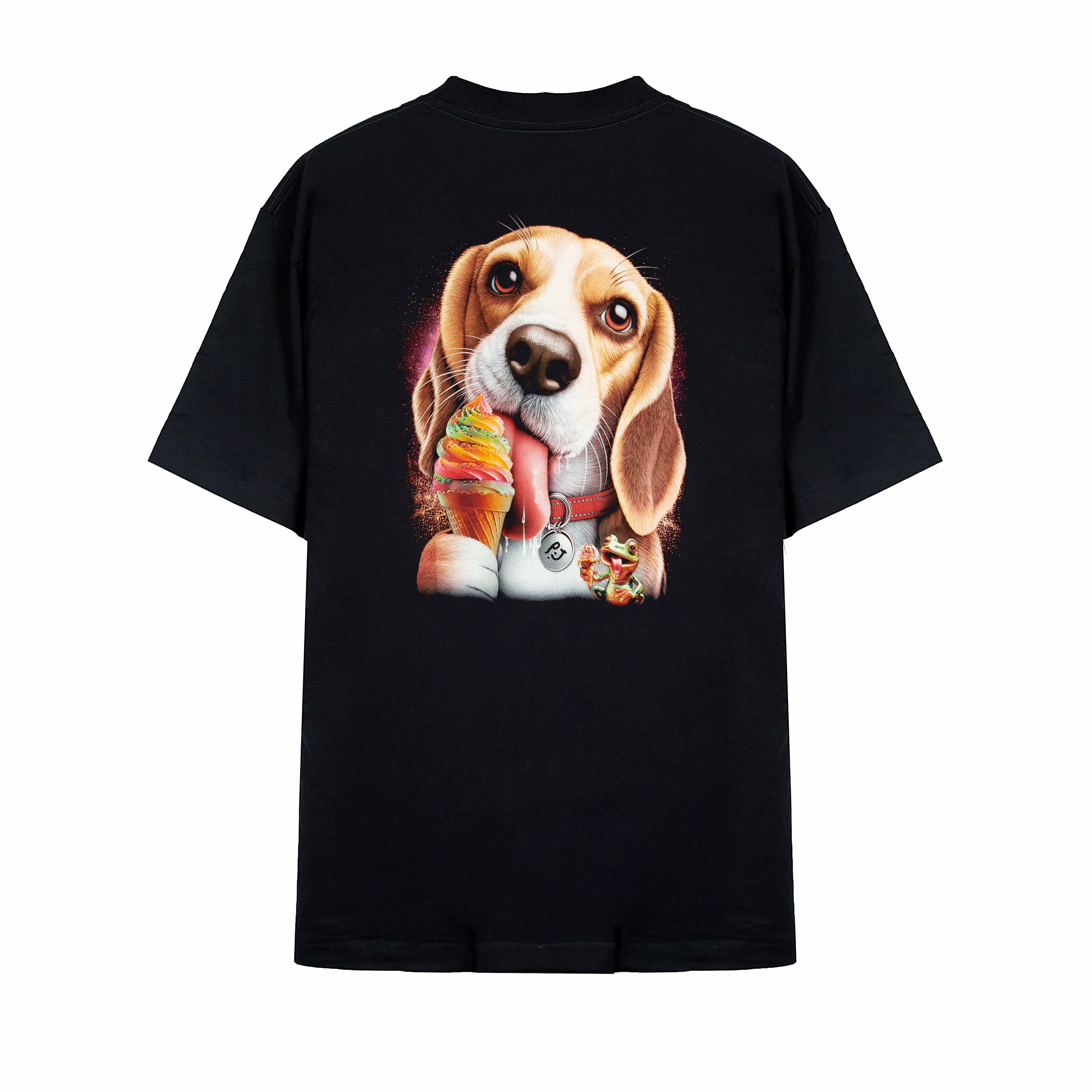 Rock Eagle black unisex t-shirt with a detailed, cute graphic of a Beagle dog happily licking a colorful, rainbow-swirl ice cream cone.