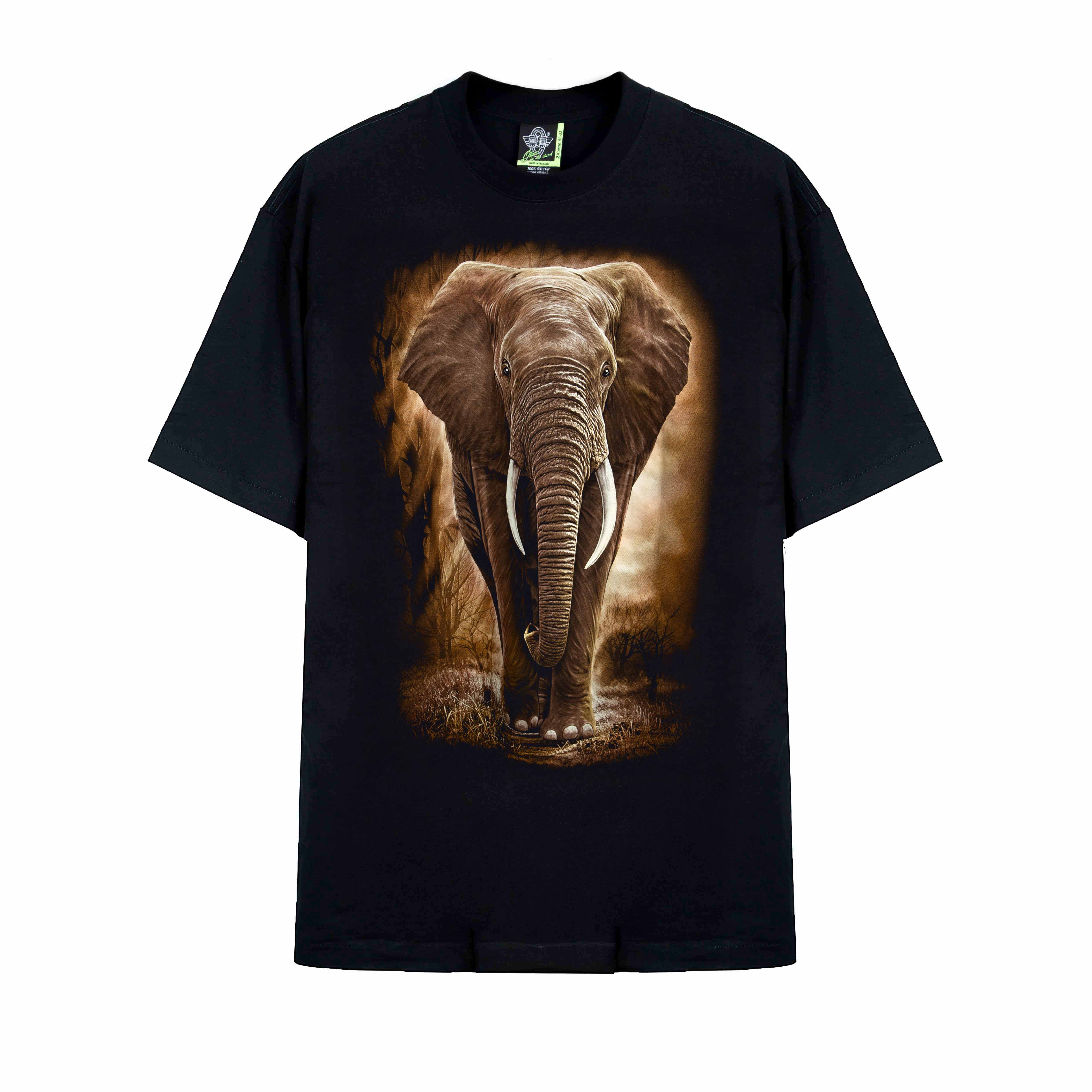 "Rock Eagle black unisex T-shirt with realistic elephant wildlife graphic"