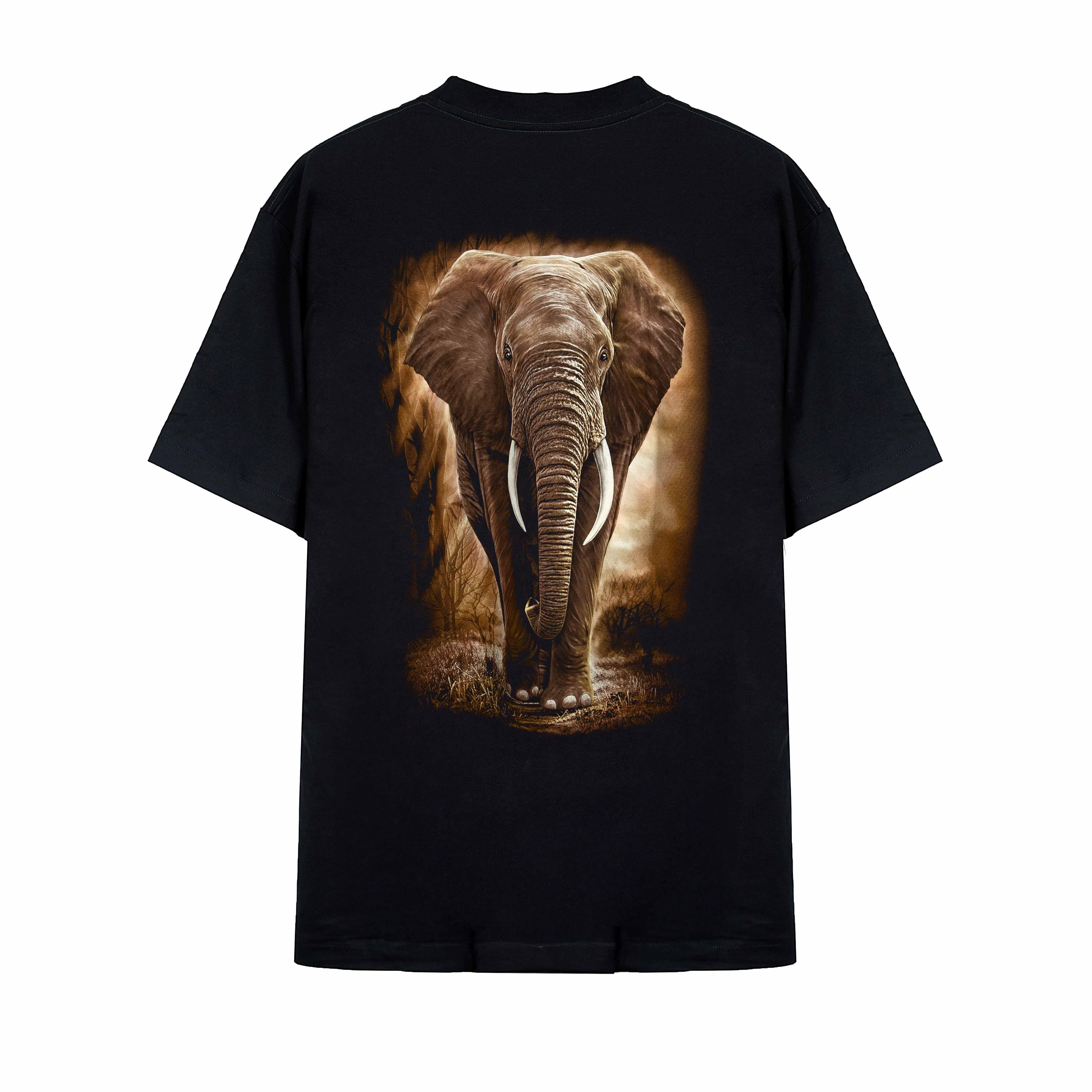 "Rock Eagle black unisex T-shirt with realistic elephant wildlife graphic"
