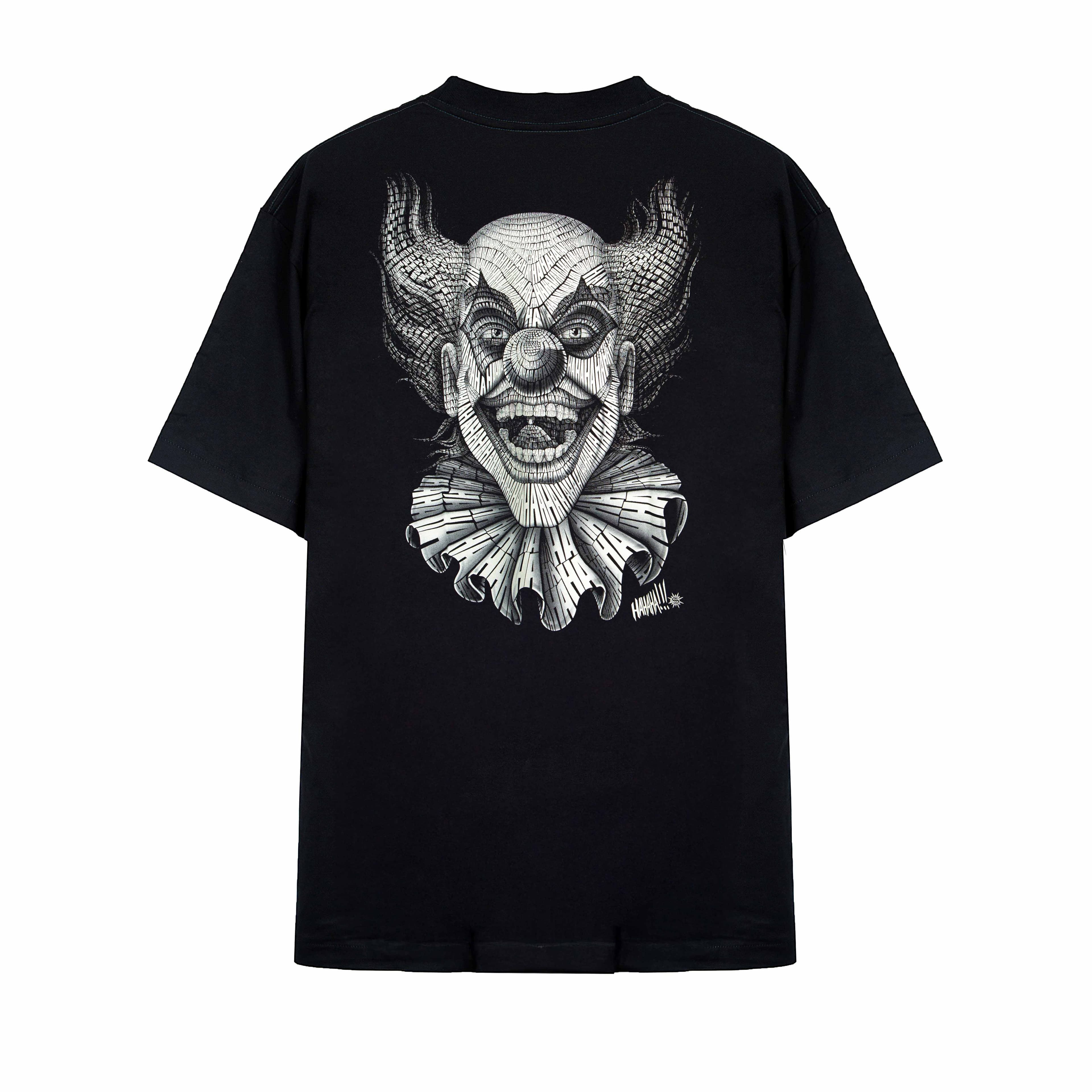 Rock Eagle black unisex t-shirt with a fierce graphic of a screaming, green-haired clown holding a prop gun with a "BANG!" flag and the quote "Have fun, then Joker."