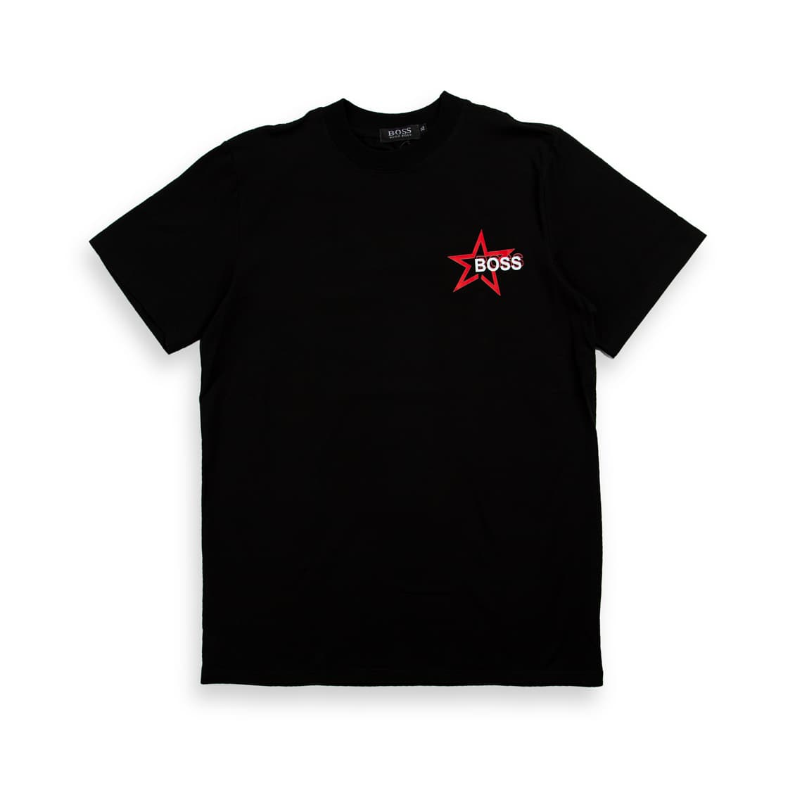 This is a sleek, black short-sleeve t-shirt from the designer brand BOSS. It features a crew neck and a prominent graphic design on the chest: