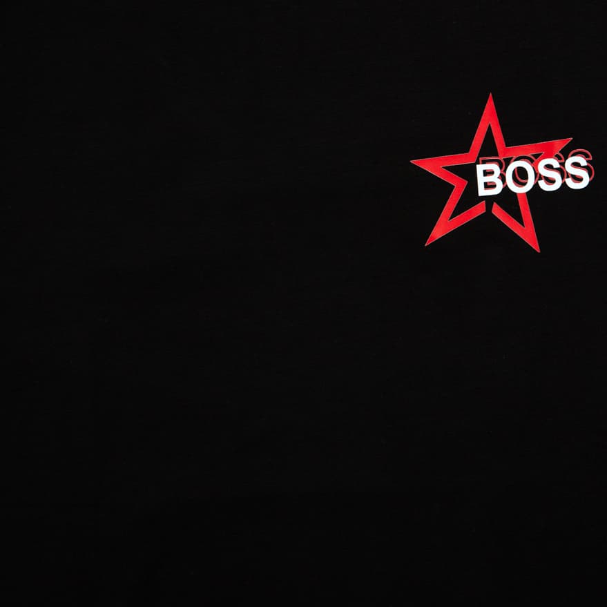 This is a sleek, black short-sleeve t-shirt from the designer brand BOSS. It features a crew neck and a prominent graphic design on the chest: