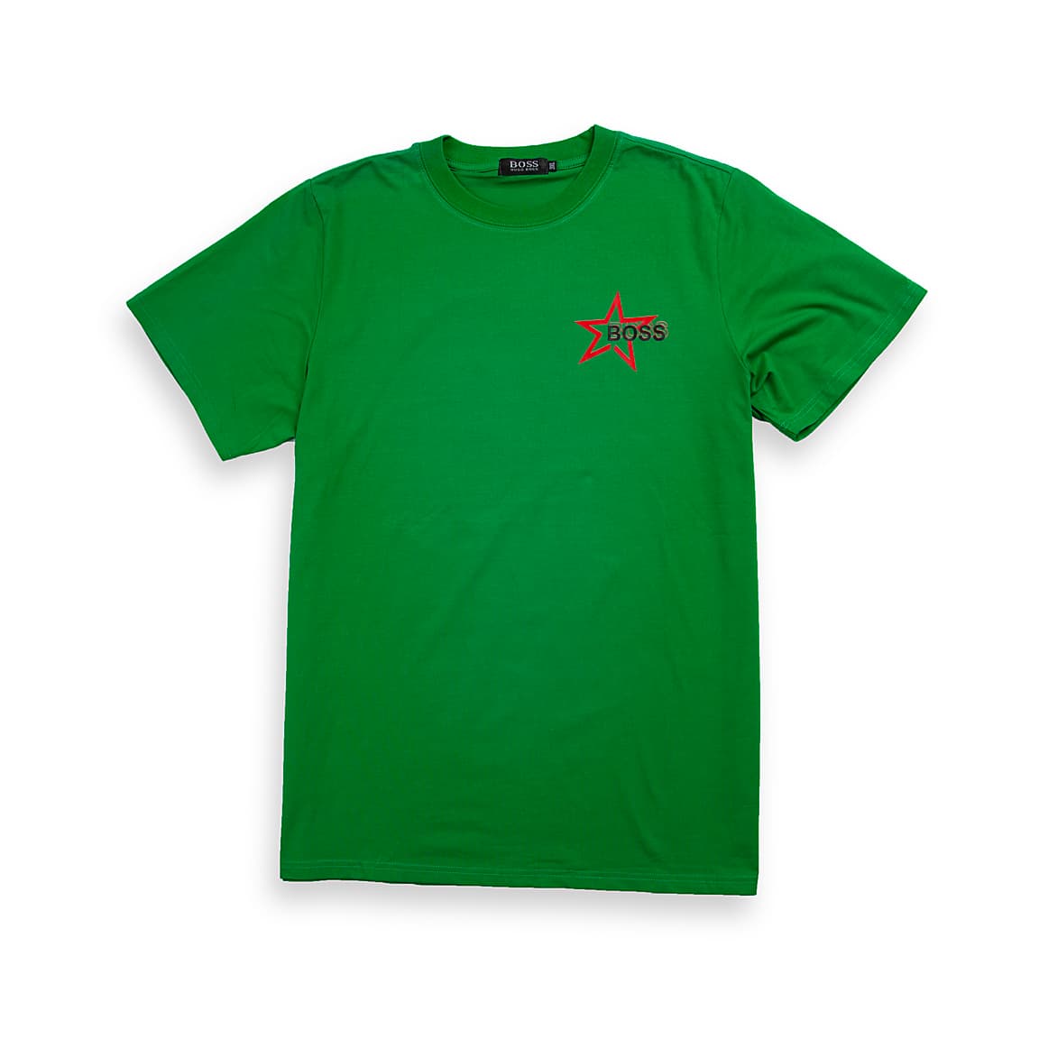 This is a classic crew-neck t-shirt featuring the BOSS logo within a striking red star graphic print on the left chest.