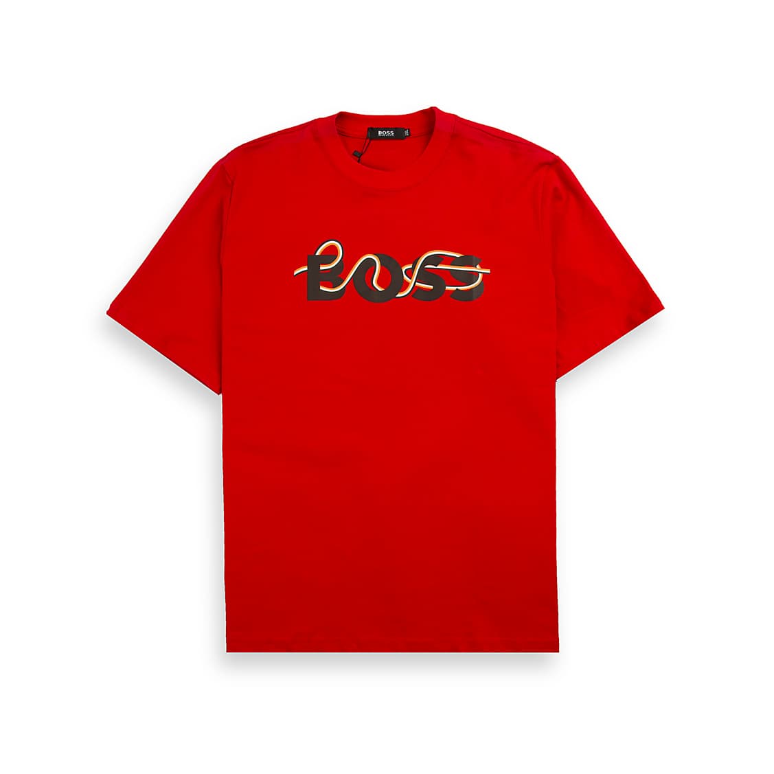 A vibrant red, short-sleeved, crew-neck t-shirt featuring a unique, stylized graphic of the word "BOSS" across the chest.