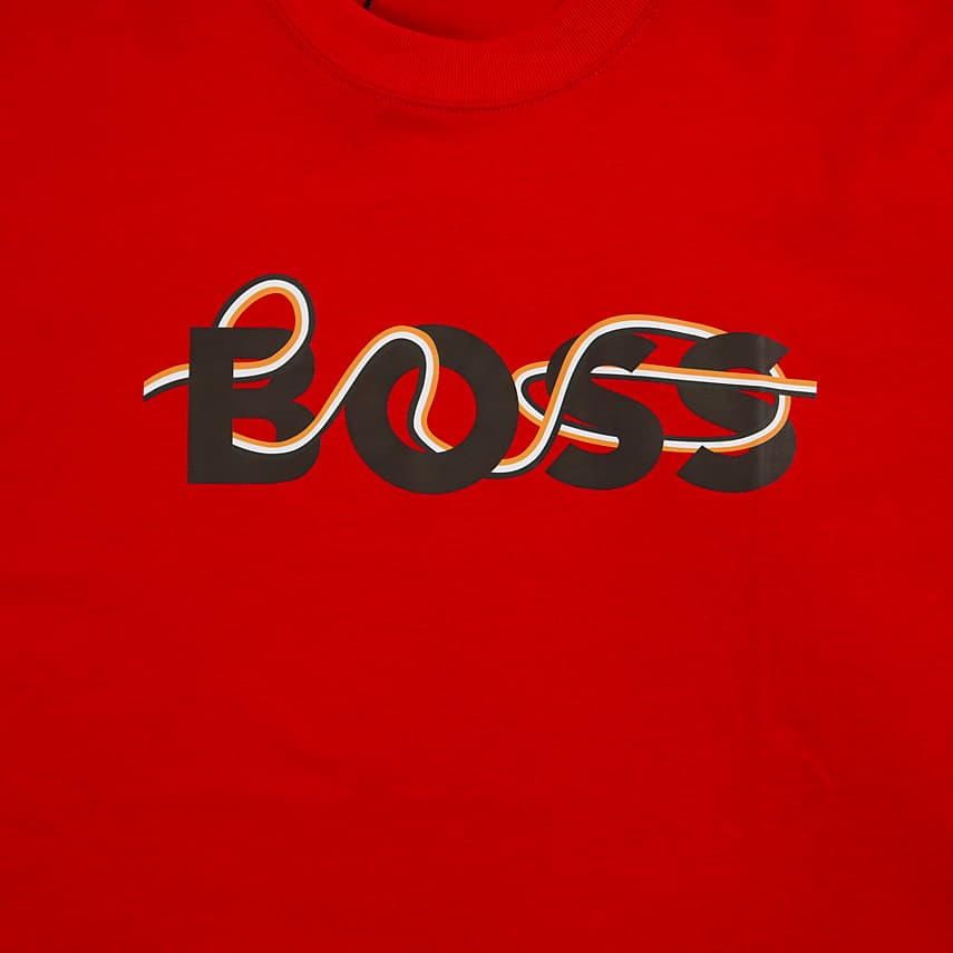 A vibrant red, short-sleeved, crew-neck t-shirt featuring a unique, stylized graphic of the word "BOSS" across the chest.