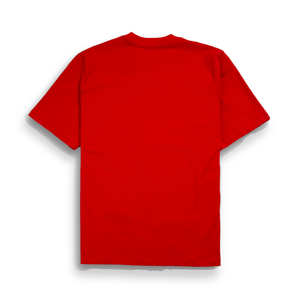 A vibrant red, short-sleeved, crew-neck t-shirt featuring a unique, stylized graphic of the word "BOSS" across the chest.