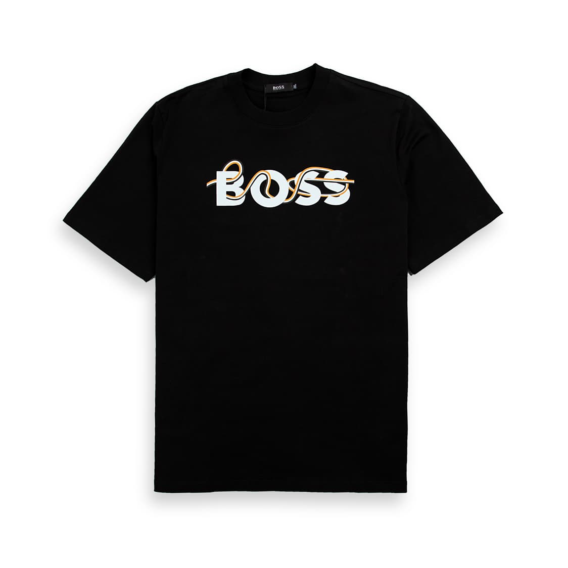 A classic black, short-sleeved, crew-neck t-shirt featuring a unique, stylized graphic of the word "BOSS" across the chest.